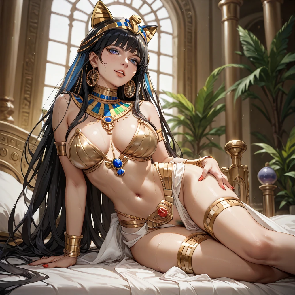 ((reclined on couch pose))((sexy tall egiptian supermodel)) ((beautiful face)) (dark eyeshadows pharaoh make up) (red lipstick) ((big bright eyes)) ((very long black high pny tailhair with straight bangs)) ((ebony tan skin)) ((very huge breast:1.3)) (perfect body:1.3) ((fully nude, bare body, showing pussy)) (()) ((pharaoh headdress)), ((gold choker, stocking, earrings, jewelry)) ((wield magic wand on hand))((sexy supermodel posing inside photo studio for epic camera photoshoot, fantasy decoration light of reflector over her))(high resolution, dynamic shadows)((photorealistic:1.5)) ((masterpiece:1.3)) (8k) (perfect face) (best quality) (perfect hands and eyes)