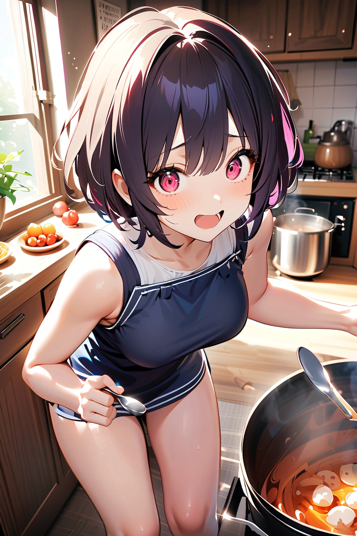 1 girl, (cute face), , short hair, (nervous smile), (wide eyes), large breasts, slim, (wearing a casual cooking outfit), above knee length, (lightly tanned skin),  
BREAK  
Cozy kitchen, bubbling cauldron, chaotic scene, (holding a spoon with a wary look:1.2), (friends screaming in horror:1.2), indoors  
BREAK  
(warm lighting, colorful ingredients, exaggerated expressions), comedic vibe, action shot, character focus,  
BREAK  
high fantasy, game cg, absurdres, highres, ultra detailed, beautiful, (masterpiece), (best quality:1.2),
