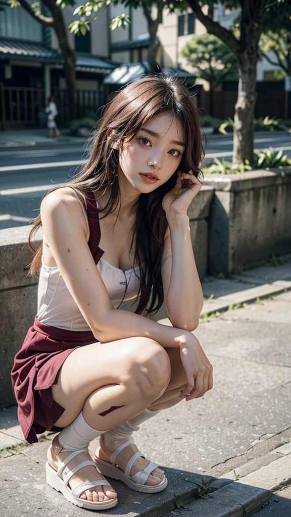Top image quality、Raw photography、超A high resolution、Cute girl at 18 years old、Shooting for one person only、big round chest、cleavage of the breast、Patterned tank top、skirt by the、Shiny hair、Beautiful Eyes of Details、very elongated eyes、Beautiful eyelashes、Beautiful double eyelids、Beautiful legs、Headshot only、eyeshadows、耳Nipple Ring、The background is the entrance of a luxury hotel、crouching down
