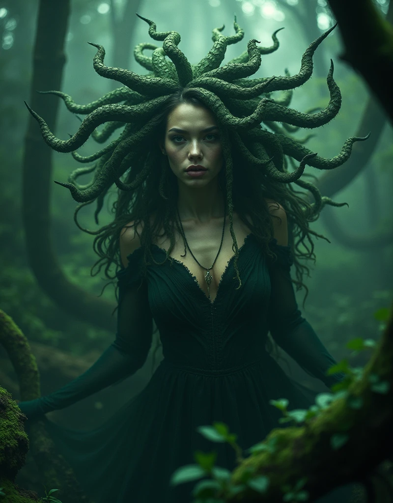 Black woman Orisha, peach colored dress, with a green snake wrapped around his arm in the middle of a fog