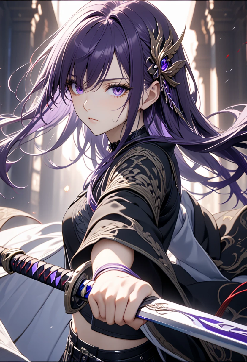 Hold the sword with both hands,long hair, short shorts, leg tattoo, single knee boot, single thigh boot, midriff, black gloves, hair ornament, choker, long coat detailes, single sleeve, single gauntlet, uneven leg wear,,(((close up of the sword))),((( dynamic pose))),((( Holding a long, two-handed sword in both hands)),((((looking away)))),((( expressionless))), Anime style, detailed, screen cap, very detailed, (detailed hair, eyes, and eyelashes:1.2), 1girl, Alone,25 years old,long hair, purple hair, purple eyes, hair over one eye,,(masterpiece:1.2), (best quality:1.2), (very aesthetic:1.2), (Highly detailed CG, High resolution), (detailed background),newest, perfect anatomy,AI-generated,intricate details,safe),