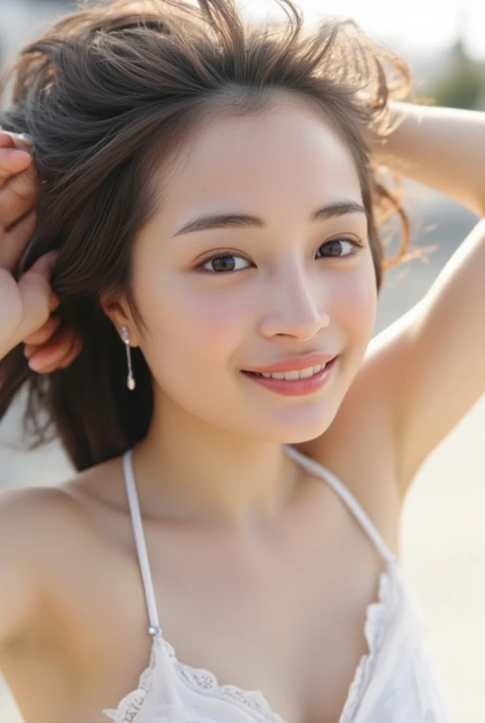 (8k, RAW photo, highest quality, masterpiece: 1.2), (realistic, photorealistic: 1.37), high definition, high resolution, ridiculous file size, very ridiculous, natural light, beautiful face, beautiful shape, well-formed face, small face, 28 years old, 1 girl, very short hair, tanned skin, ridiculous texture, skin quality that seems to show pores, smile, competitive swimsuit, wet and sticking to the skin, high-legged, sitting at the water's edge, standing on tiptoe, open crotch, camel toe, shot from below,