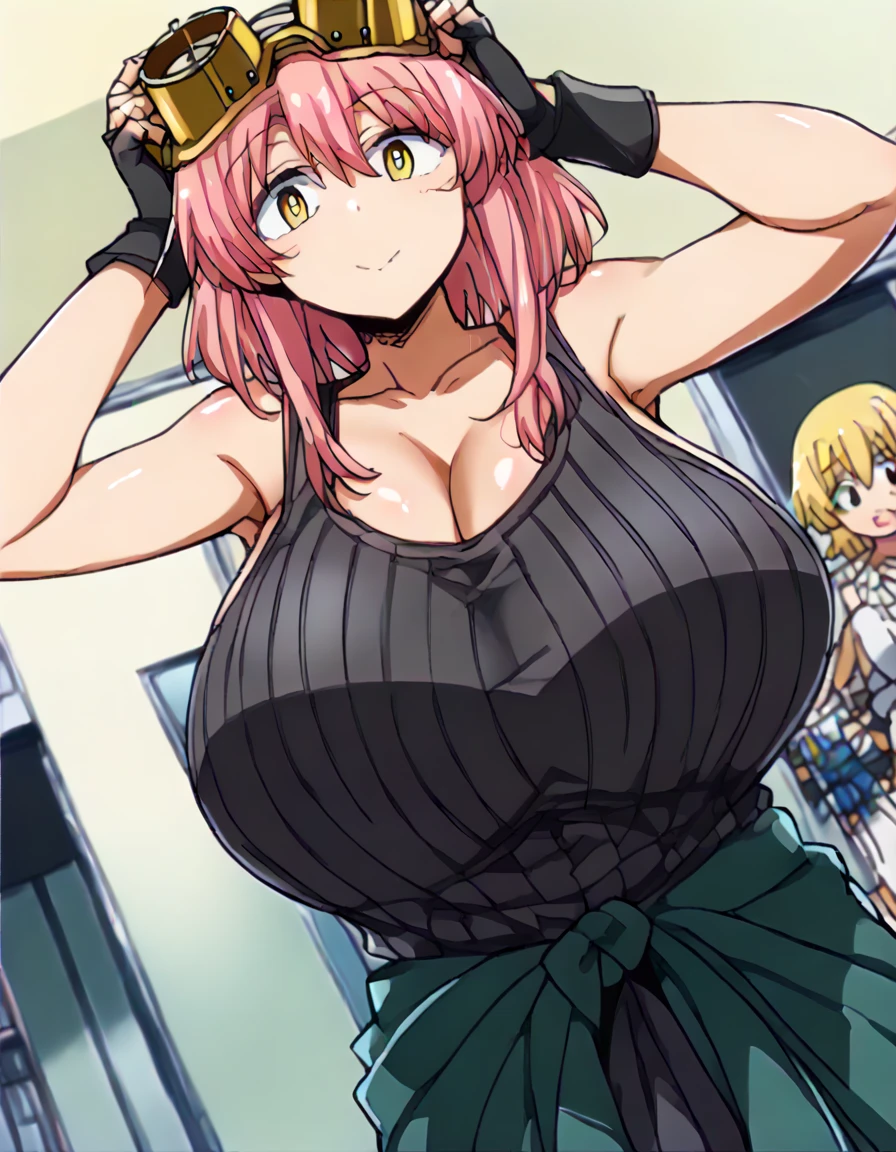 score_9, score_8_up, score_7_up,  source_Anime, Hatsume-san, yellow eyes,  pink hair,  medium hair, symbol-shaped pupils,  Big Breasts,,  gloves,  Sleeveless, black  gloves,  tank top, goggles, goggles on head, partially fingerless  gloves, Clothes around the waist, Ribbed knit shirt,, backyard, barbecue, grill, Laughter, Summer Evening, ,  hands behind the head ,, looking at viewer, Alone,,  Dutch angle,  cowboy shot 、 zzz c up , explosive chest,特大の Big Breasts,Big Breasts, Big Breasts,超Big Breasts, supermilk ,big Breasts,big Breasts,Big Breasts,Big big breasts,bigger breasts,big,セクシーな大きなシリコンの Big Breasts,セクシーなビッグサイズのシリコン製Big Breasts,  saggy breasts during pregnancy,((垂れ下がった Big Breasts)),((重く垂れた Big Breasts:1.８))、Obscene body,Fat ,,  Erotic Manga Style Body 、  mature adult-like body steam、 Ser's Huge  、 Ser's Huge  、 super 大げさ 、 extra large、 over covered ,  Hidden Breast Erection  、  abs
