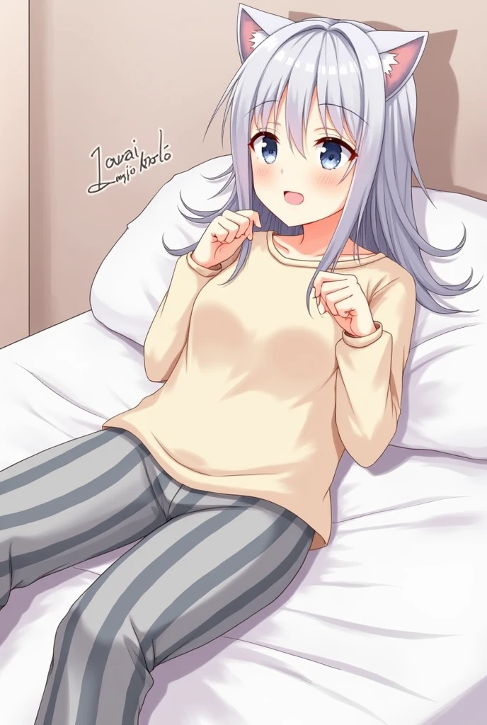 Furry white bear，White fur，Loli body，blue color eyes，White hair，In the daytime，Glowing hair，Wearing white panties，Wears plain white short sleeves,A shy look,Lying in bed,