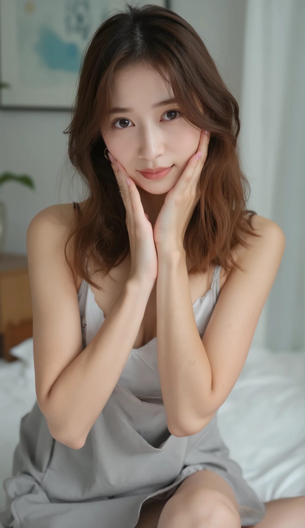  Realistic Skin Texture , medium length medium height young attractive asian woman ,  wearing a light grey sleeveless dress over a white inner top,  soft makeup ,   Friendly Smiles ,  provocative poses during sex,  casual contemporary setting with hands on cheeks .
