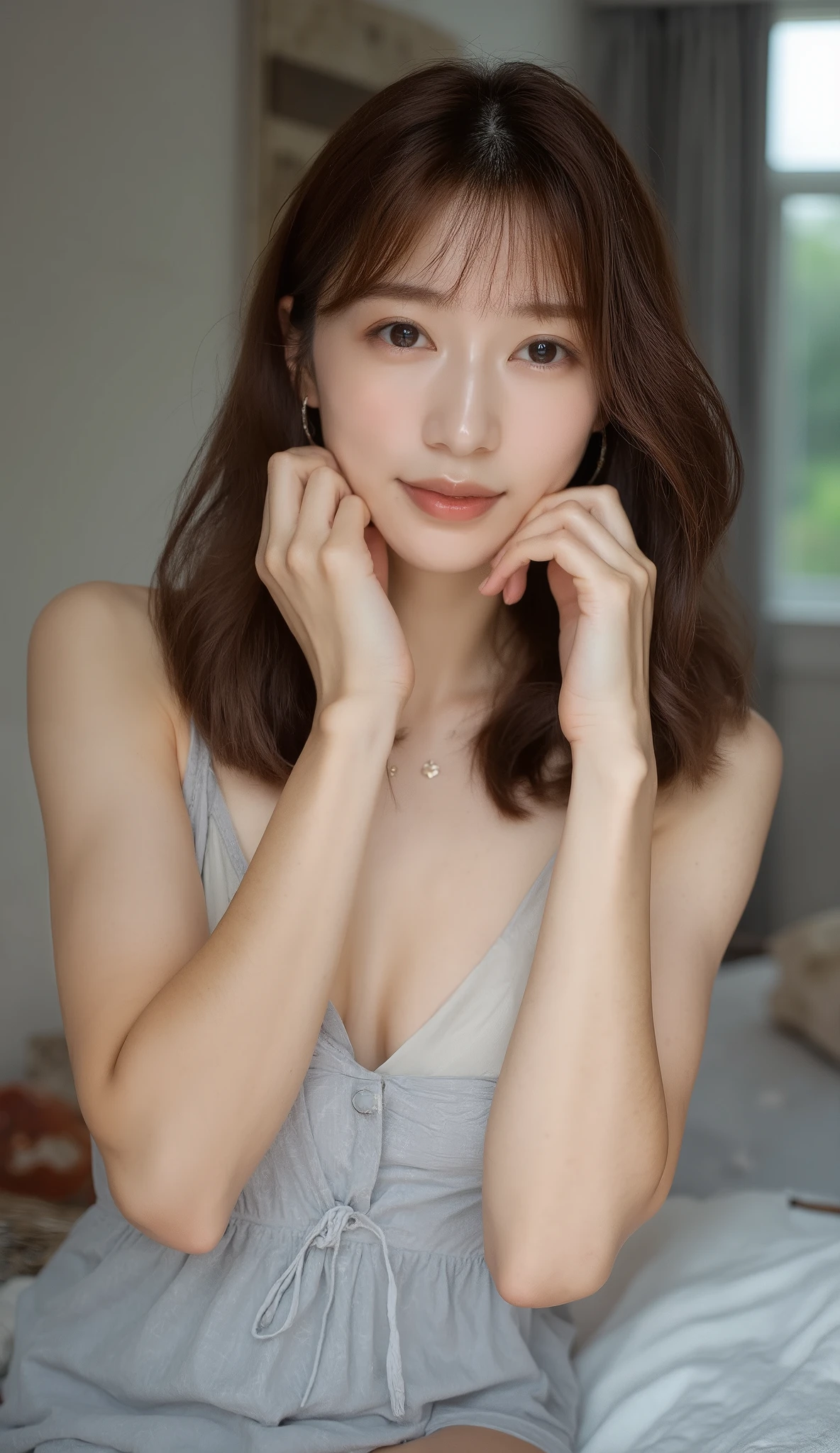  Realistic Skin Texture , medium length medium height young attractive asian woman ,  wearing a light grey sleeveless dress over a white inner top,  soft makeup ,   Friendly Smiles ,  provocative poses during sex,  casual contemporary setting with hands on cheeks .
