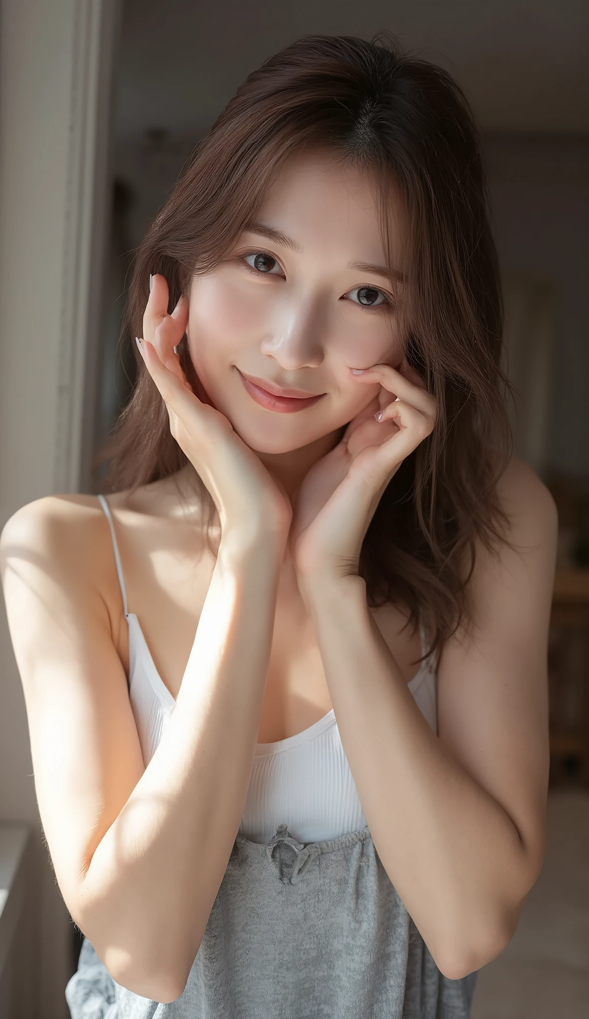  Realistic Skin Texture , medium length medium height young attractive asian woman ,  wearing a light grey sleeveless dress over a white inner top,  soft makeup ,   Friendly Smiles ,  provocative poses during sex,  casual contemporary setting with hands on cheeks .
