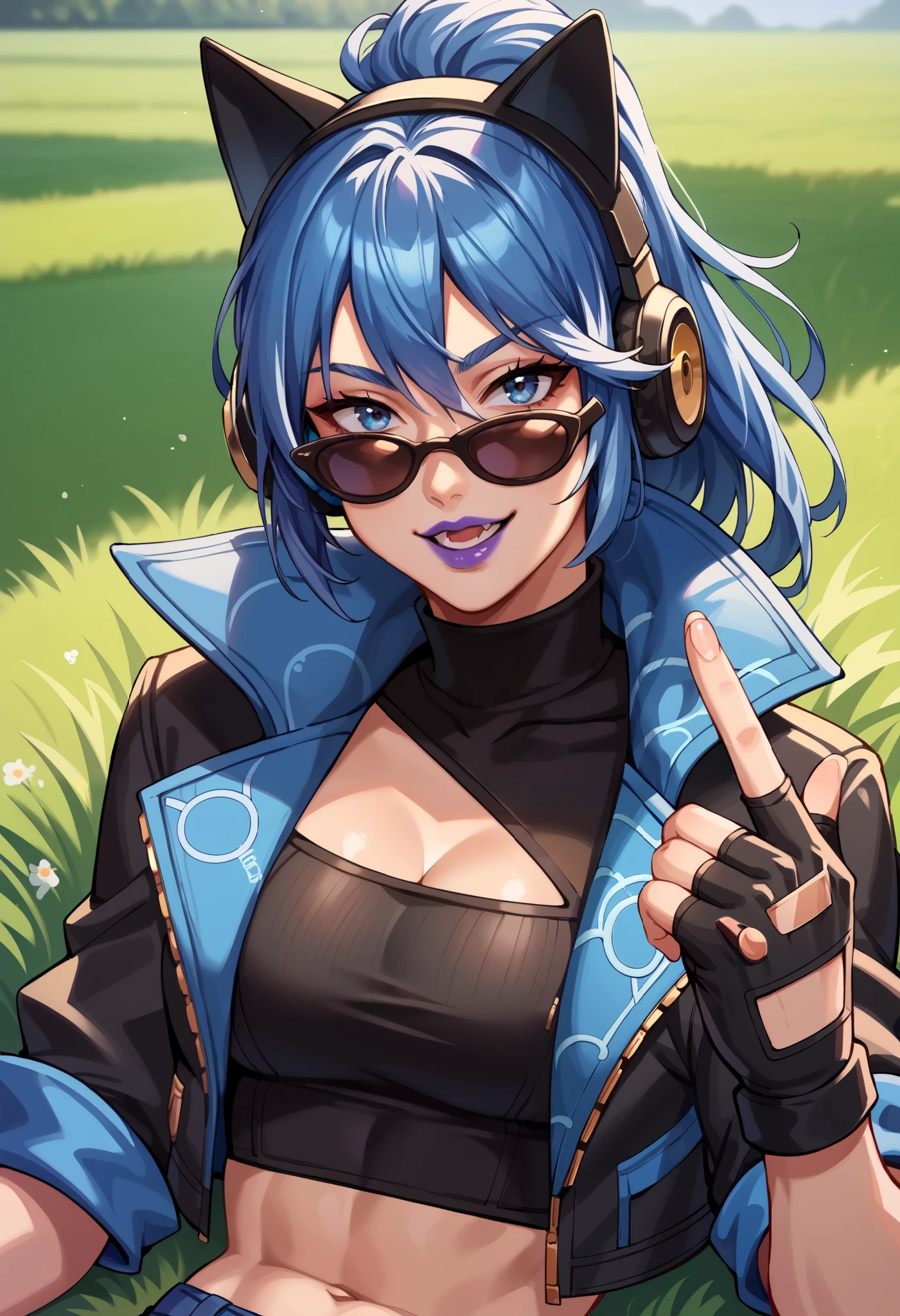 score_9, score_8_up, score_7_up,  source_anime,  BREAK,  FNHeroHop, blue hair, cat ear headphones, blue eyes, purple lips, open collared jacket, clothing cutout,  short sleeves, black turtleneck, midriff, fingerless gloves,  sunglasses, grass, seductive smile, looking at viewer,  breasts, 1 girl, solo, upper body, finger guns, open mouth, Sitting on a Sofa