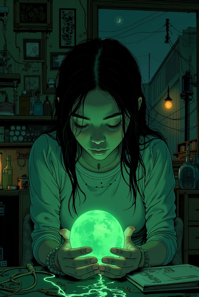  someone is holding a green amoeba in their hands in a dark room、 Messy Room、chair、window、Reusch、Stylized Paintings 、Speed Painting、Digital painting inspired by the painting of a woman on a black background in a 、 Lovecraft atmosphere 、Low quality image 、 cinematic shot 、Omen from Valorant 、anime, throw,  poster and magazine illustration effects, 