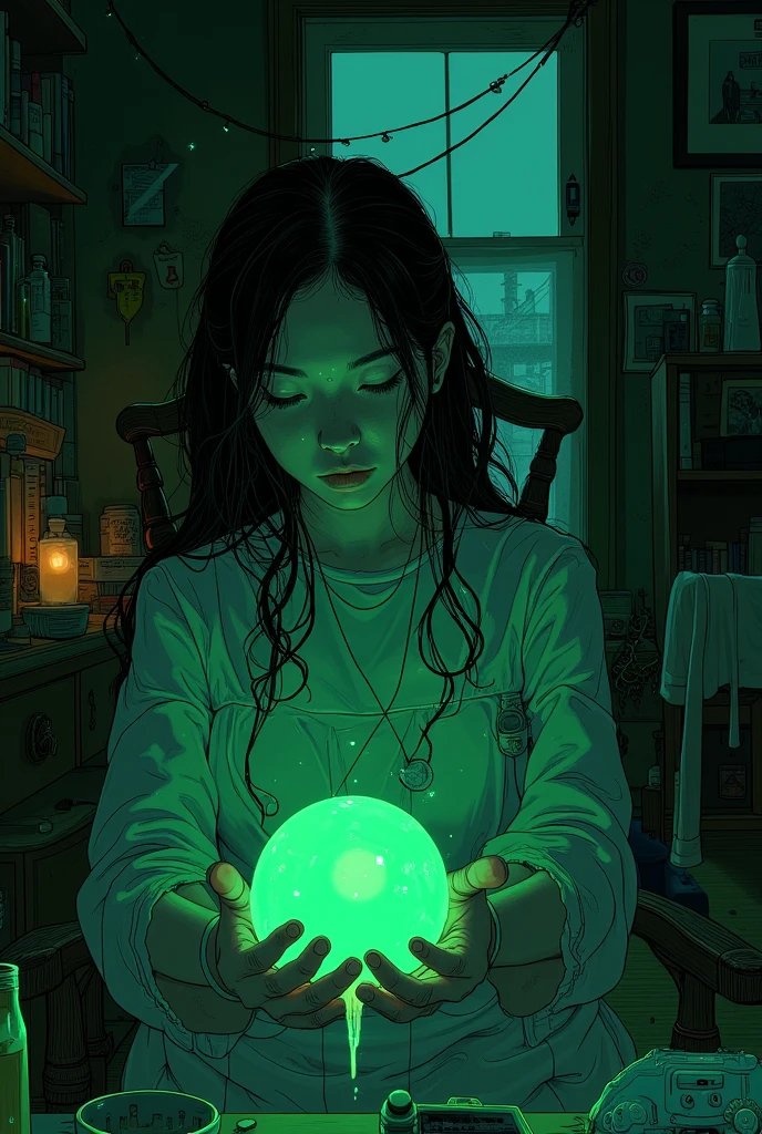  someone is holding a green amoeba in their hands in a dark room、 Messy Room、chair、window、Reusch、Stylized Paintings 、Speed Painting、Digital painting inspired by the painting of a woman on a black background in a 、 Lovecraft atmosphere 、Low quality image 、 cinematic shot 、Omen from Valorant 、anime, throw,  poster and magazine illustration effects, 