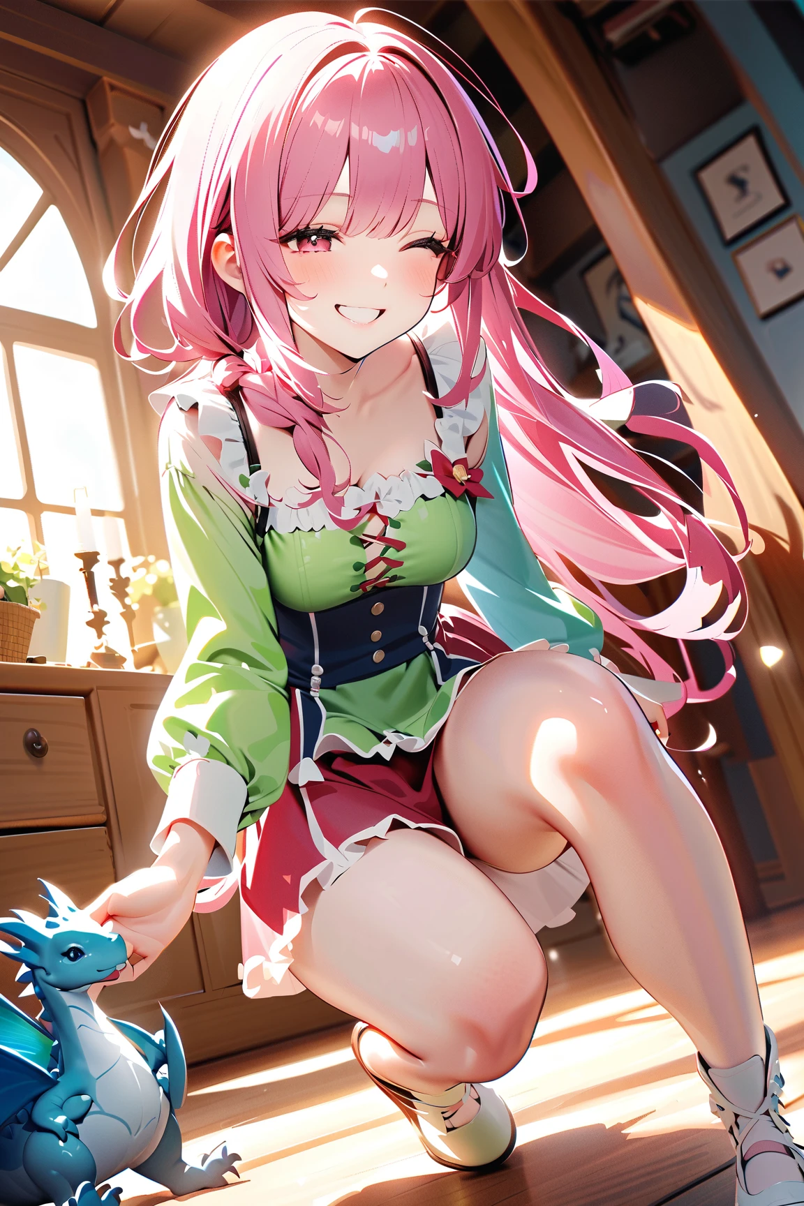 1 girl, (cute face), , long hair, (playful grin), (laughing), medium breasts, slim, (wearing a cute adventurer outfit), knee length, (porcelain skin),  
BREAK  
Charming cottage, colorful decor, mischievous pet, (trying to catch a small dragon:1.2), (hair tangled:1.2), indoors  
BREAK  
(bright, cheerful lighting, whimsical details, playful shadows), fun atmosphere, dynamic composition, character focus,  
BREAK  
high fantasy, game cg, absurdres, highres, ultra detailed, beautiful, (masterpiece), (best quality:1.2),
