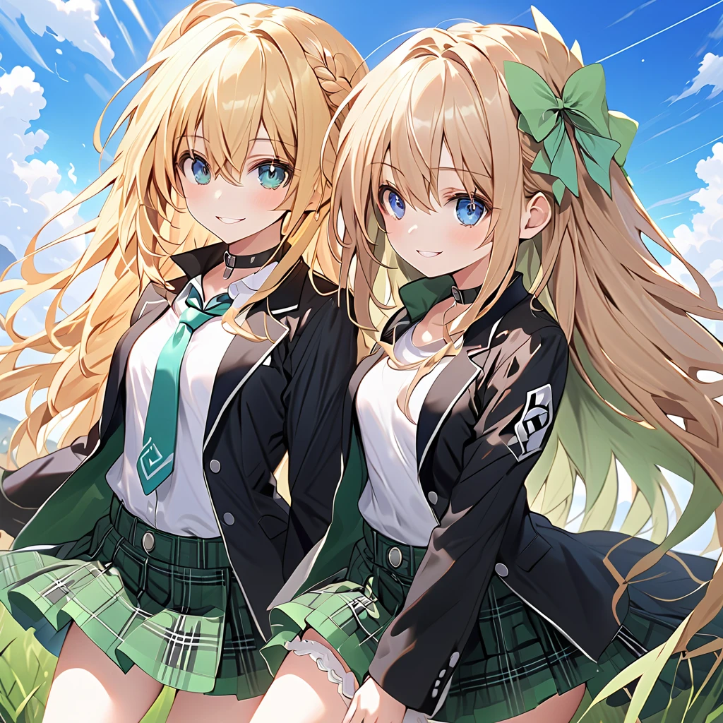 ( two girls),break,Green \(Neptunia )\, blonde hair, blue eyes, smile,long hair, french braid, sidelocks, small breasts, narrow waist, wide hips, (Black blazer:1.1)、(Regular necktie:1.1)、( black plaid mini skirt:1.1)、(bridal garter:1.５),break,
IF \(Neptunia )\,smile, brown hair, long hair, green eyes, green bow, ribbon, one side up,choker,(Black blazer:1.5)、(Regular necktie:1.5)、( black plaid mini skirt:1.5)、(Thighs:1.5),(bridal garter:1.５),,grassland、blue sky、 cowboy shot 、 ( perfect anatomy ),( best quality), ( ultra hi-res), (超 high definition ), , ( Highly Detailed CG), (32K), (masterpiece)、eyesHD