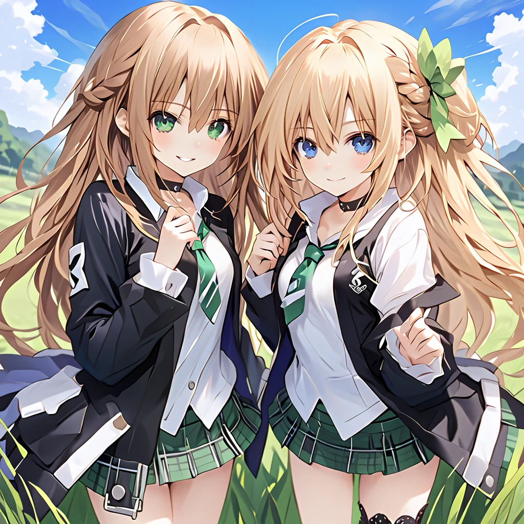 ( two girls),break,Green \(Neptunia )\, blonde hair, blue eyes, smile,long hair, french braid, sidelocks, small breasts, narrow waist, wide hips, (Black blazer:1.1)、(Regular necktie:1.1)、( black plaid mini skirt:1.1)、(bridal garter:1.５),break,
IF \(Neptunia )\,smile, brown hair, long hair, green eyes, green bow, ribbon, one side up,choker,(Black blazer:1.5)、(Regular necktie:1.5)、( black plaid mini skirt:1.5)、(Thighs:1.5),(bridal garter:1.５),,grassland、blue sky、 cowboy shot 、 ( perfect anatomy ),( best quality), ( ultra hi-res), (超 high definition ), , ( Highly Detailed CG), (32K), (masterpiece)、eyesHD