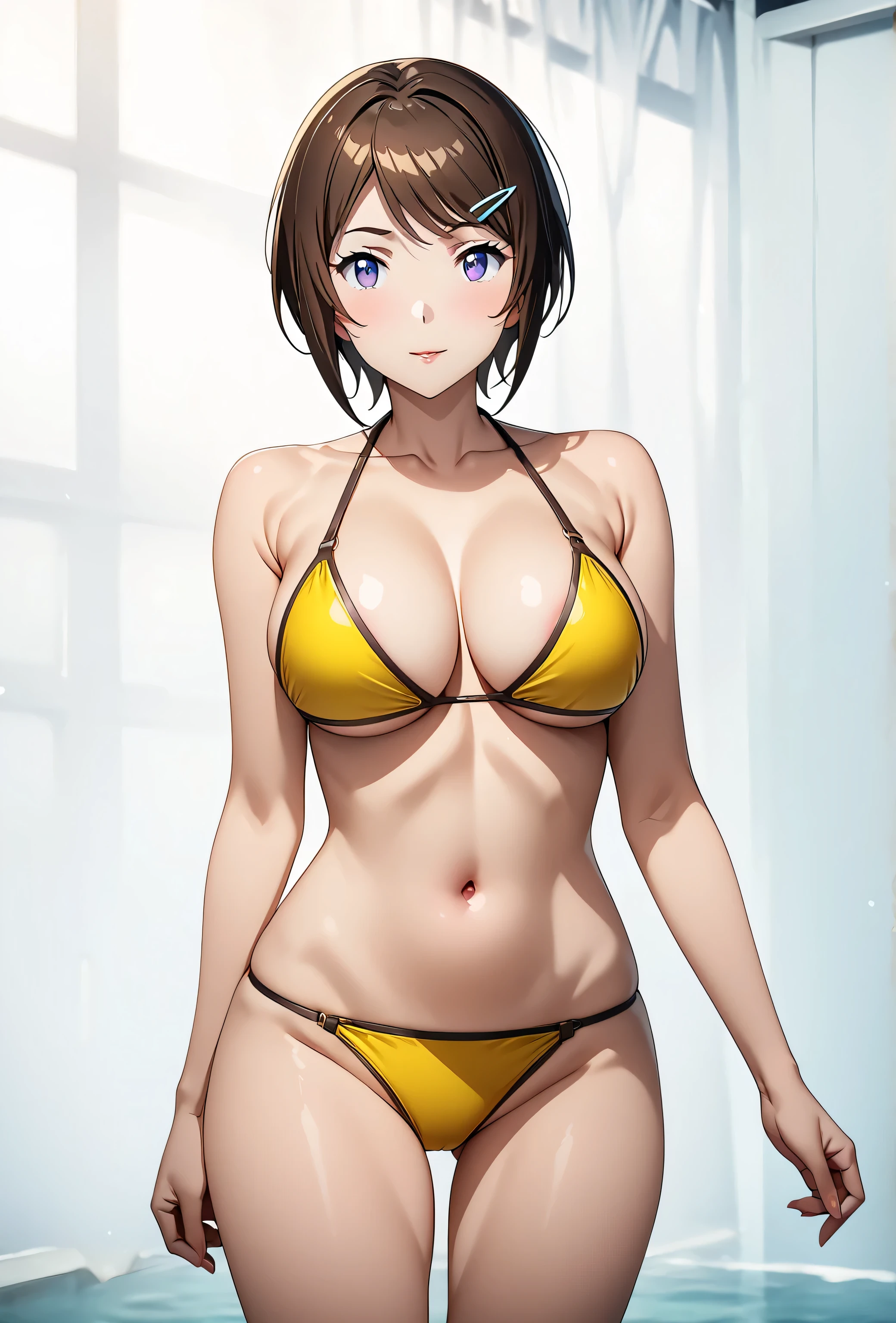 score 9 、score 8 up、score 7 up、score 6 up、source anime、masterpiece、 top quality、 high definition 、1girl、anime girl in a  bikini、 Wearing a swimsuit、Short Hair、Brown Hair、 Teal Eyelids、bangs、hair clip、clothing:  bikini、 is wearing a swimsuit 、 Big Breasts 、cleavage、navel、midriff、stomach、collarbone、 standing with different breasts 、realistic  bikini、 female anime character 、in a yellow  bikini、in a triangle bikini、bikini top with an yellow、bikini bottom with an yellow、Naive anime girls 、 attractive anime girls、 boobs、wearing a  bikini、in a  bikini、in  bikini、looking at viewer、 cowboy shot 、Female focus、