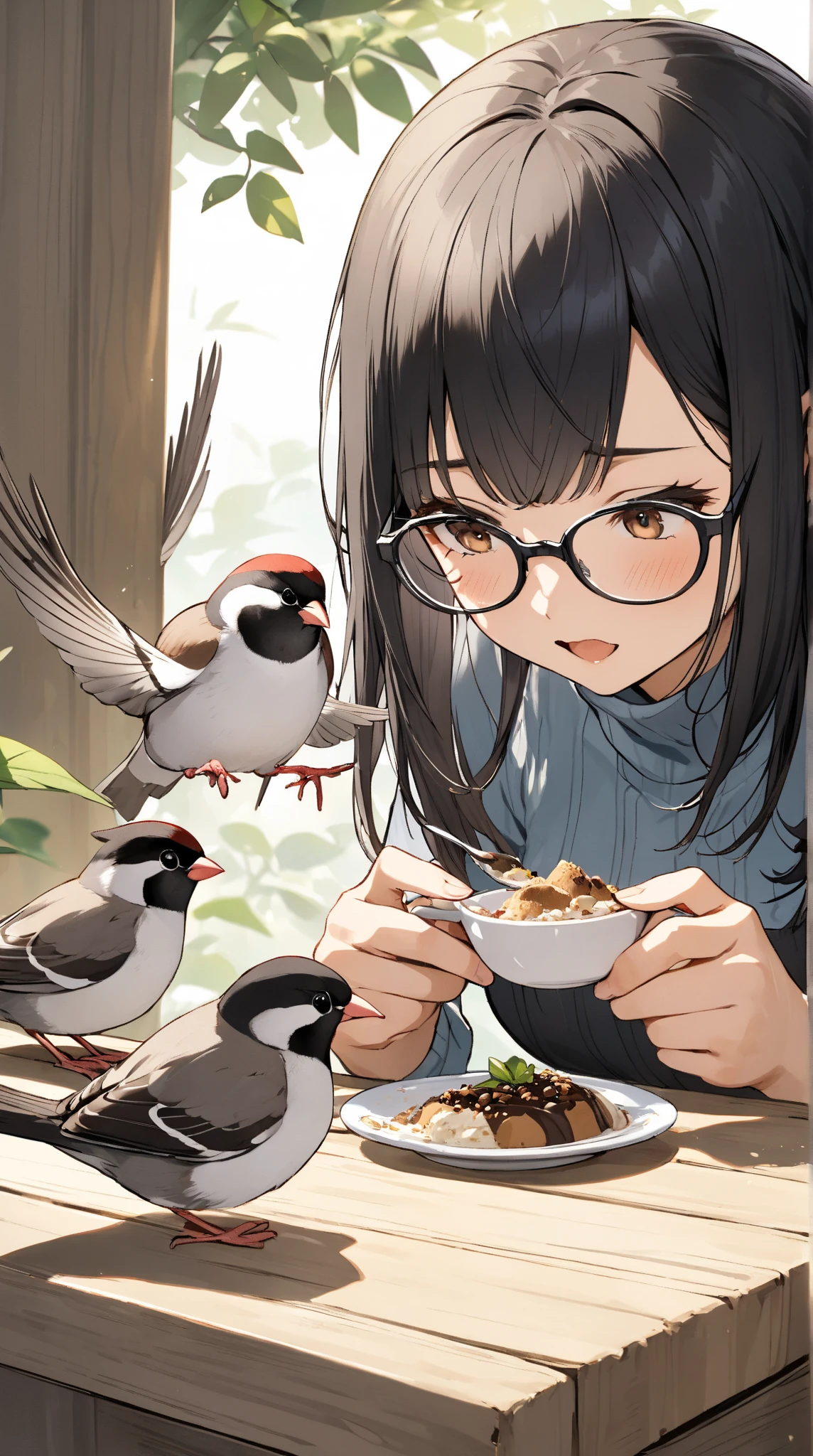 Black hair, glasses, feeding Java sparrows - SeaArt AI