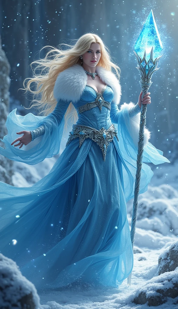 Kathryn Hahn as Crystal Maiden, majestic sorceress, fantasy ice-themed outfit, detailed shimmering blue gown, white fur, glowing crystals, intricate magical staff, topped with a radiant sharp-edged crystal, soft icy glow, blonde hair flows elegantly, hood, piercing gaze, mystical background, snowy landscape, swirling frost, shimmering particles of light, ice magic, magical powerful elegant atmosphere