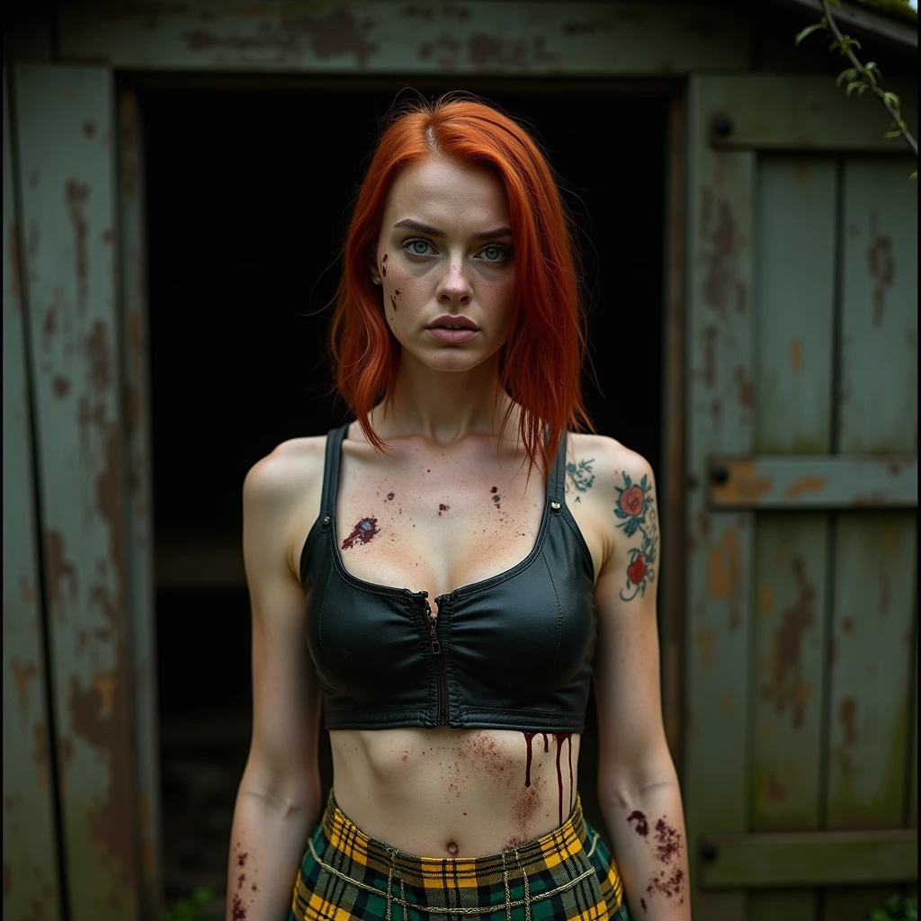 ((Best quality, 8k, Masterpiece: 1.3, realistic)), ((5120x1440)), Sharp focus: 1.2, 30 year old woman, ((Pink hair with orange/blue highlights)), Zombie apocalypse, Pistol holster strapped to leg, Assault rifle M4 on back, Machete in left hand, Desert Eagle Pistol in Right hand, Cargo pants, Hoodie, BodyArmor, backdrop of city burning, Looking at viewer, Dark and stormy day, raining, sunset, depth of field, (special attention to skin detail: 1.2), Detailed leather texture, Smoky atomsphere, (pale skin), Adult, ((Eye makeup, pink mascara)), ((large detailed lips)) (((ultra realistic))), masterpiece, Small nose, Sharp focus: 1.2, Multiple Ear Piercings, right side stud nose piercing, ((very detailed eyes, very detailed iris)), Taken with Nikon Z 14mm ultra wide-angle, photography, subsurface scattering, radiant light rays, high resolution, high detail, sharp focus, soft, aesthetic, very detailed, spooky atmosphere, looking at viewer, smoke in sky, Burning, depth of field, ((she has blood on her with cuts and scratches)),