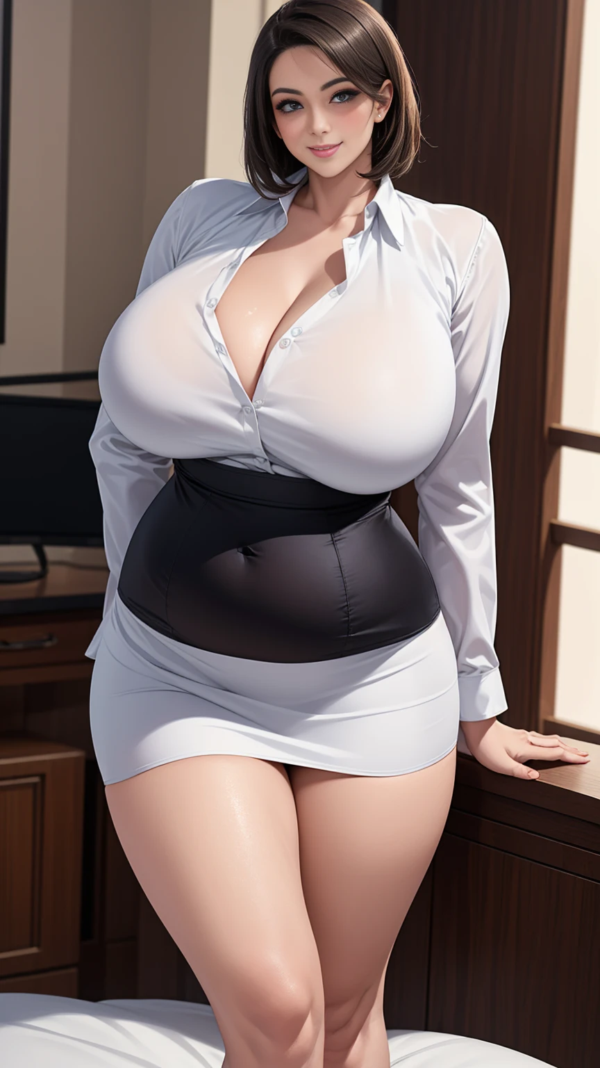 （（super high quality,Ultra-high resolution,16K,super masterpiece,Ultra HD ,Detailed shading））,Dimly lit bedroom,Full body photo,sexy mother,40 years old,Waist 85cm,Standing naked,Unbuttoned dress shirt,popped Tight collar,Cleavage,Long sleeve,Short black hair,Glasses,Provocative smile,View here,blush,Small amount,Sweaty,Pearl Earrings,Pearl Necklace,Engagement Rings,