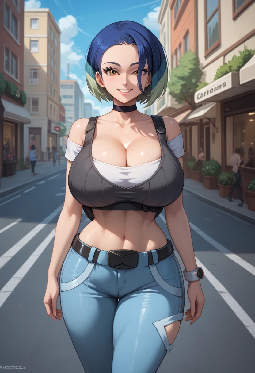 (masterpiece, best quality:1.2), highres, solo, 1girl, perrin_pokemon, brown eyes, smile, looking at viewer, walking, crop top, pants, choker, belt, midriff, city street, cowboy shot, huge breasts, deep cleavage, wide hips, thick thighs,