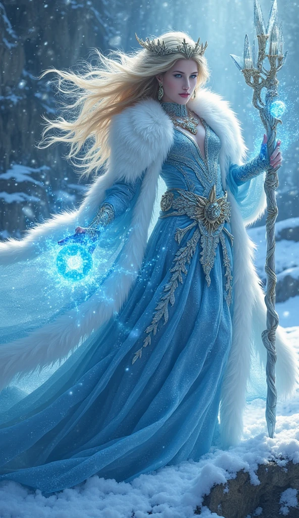 Kathryn Hahn as Crystal Maiden, majestic sorceress, fantasy ice-themed outfit, detailed shimmering blue gown, white fur, glowing crystals, intricate magical staff, topped with a radiant sharp-edged crystal, soft icy glow, blonde hair flows elegantly, hood, piercing gaze, mystical background, snowy landscape, swirling frost, shimmering particles of light, ice magic, magical powerful elegant atmosphere