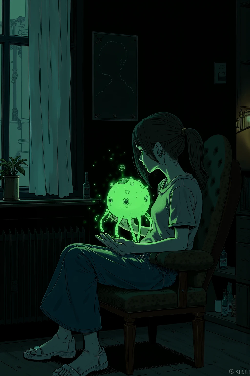  someone is holding a green amoeba in their hands in a dark room、 Messy Room、chair、window、Reusch、Stylized Paintings 、Speed Painting、Digital painting inspired by the painting of a woman on a black background in a 、 Lovecraft atmosphere 、Low quality image 、 cinematic shot 、Omen from Valorant 、anime, throw,  poster and magazine illustration effects, 