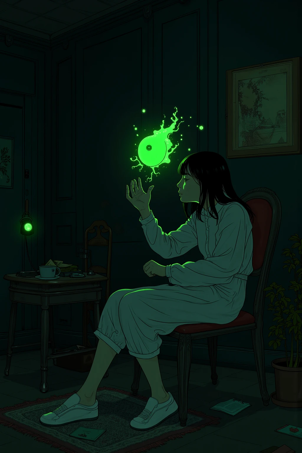  someone is holding a green amoeba in their hands in a dark room、 Messy Room、chair、window、Reusch、Stylized Paintings 、Speed Painting、Digital painting inspired by the painting of a woman on a black background in a 、 Lovecraft atmosphere 、Low quality image 、 cinematic shot 、Omen from Valorant 、anime, throw,  poster and magazine illustration effects, 