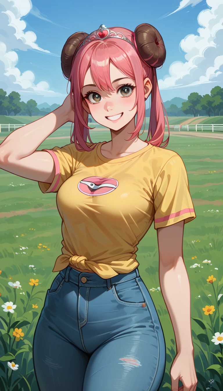   masterpiece ,  best quality ,  high resolution , 1 girl, , Alone,  gray eyes,  long pink hair, short dolphin rosa, Red tiara, shirt, tied shirt,, short hair,  short sleeves ,  Stripes, yellow shirt,  Middle Class Shooting, A gram, field, smile, standing, thick thighs , sexy