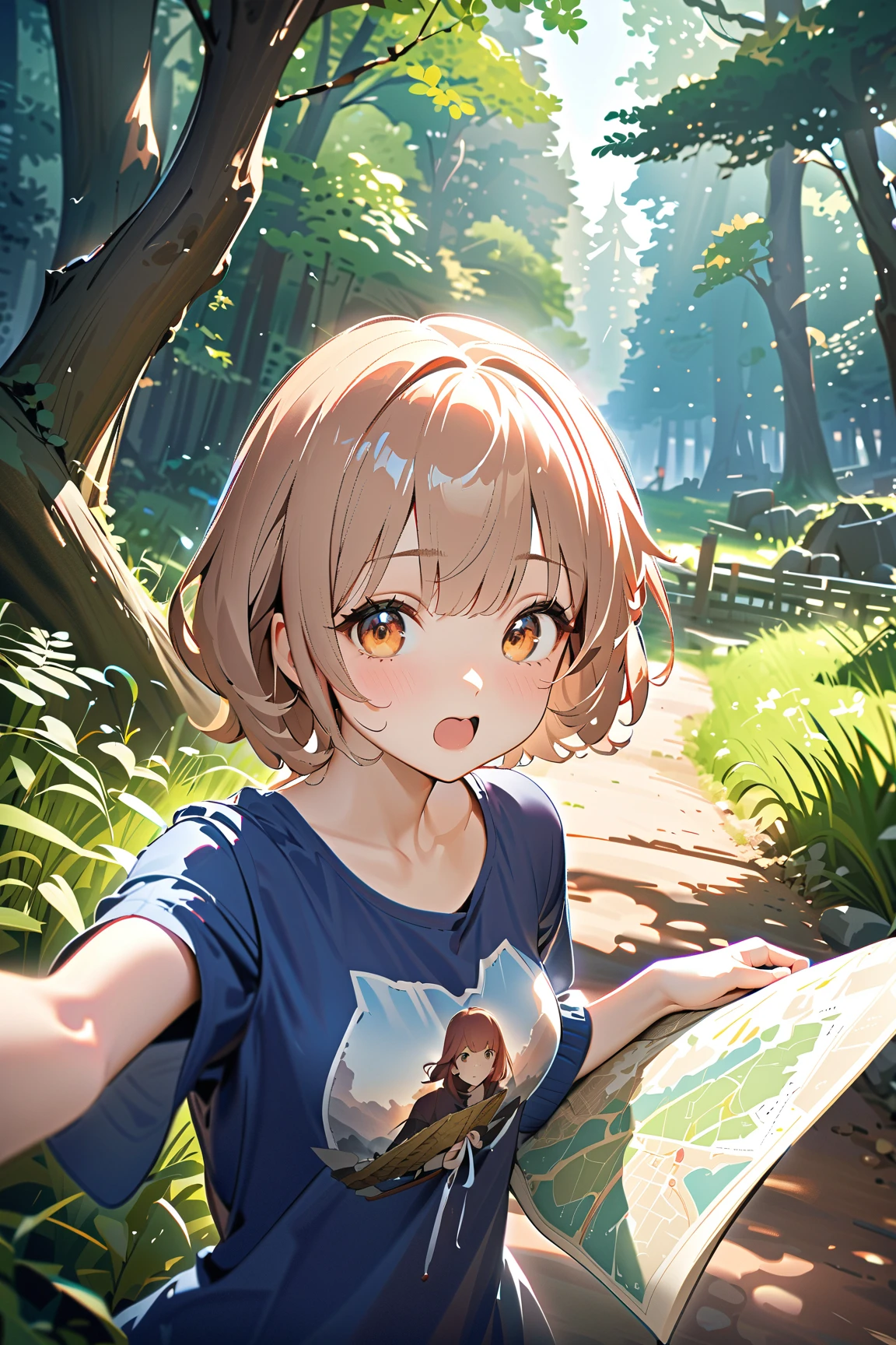 1 girl, (cute face), , short hair, (confused expression), (scratching head), medium breasts, slim, (wearing a casual adventurer outfit), knee length, (lightly tanned skin),  
BREAK  
Forest path, detailed map, friends looking perplexed, (holding the map upside down:1.2), (pointing in the wrong direction:1.2), outdoors  
BREAK  
(bright daylight, natural scenery, humorous details), comedic atmosphere, dynamic composition, character focus,  
BREAK  
high fantasy, game cg, absurdres, highres, ultra detailed, beautiful, (masterpiece), (best quality:1.2),
