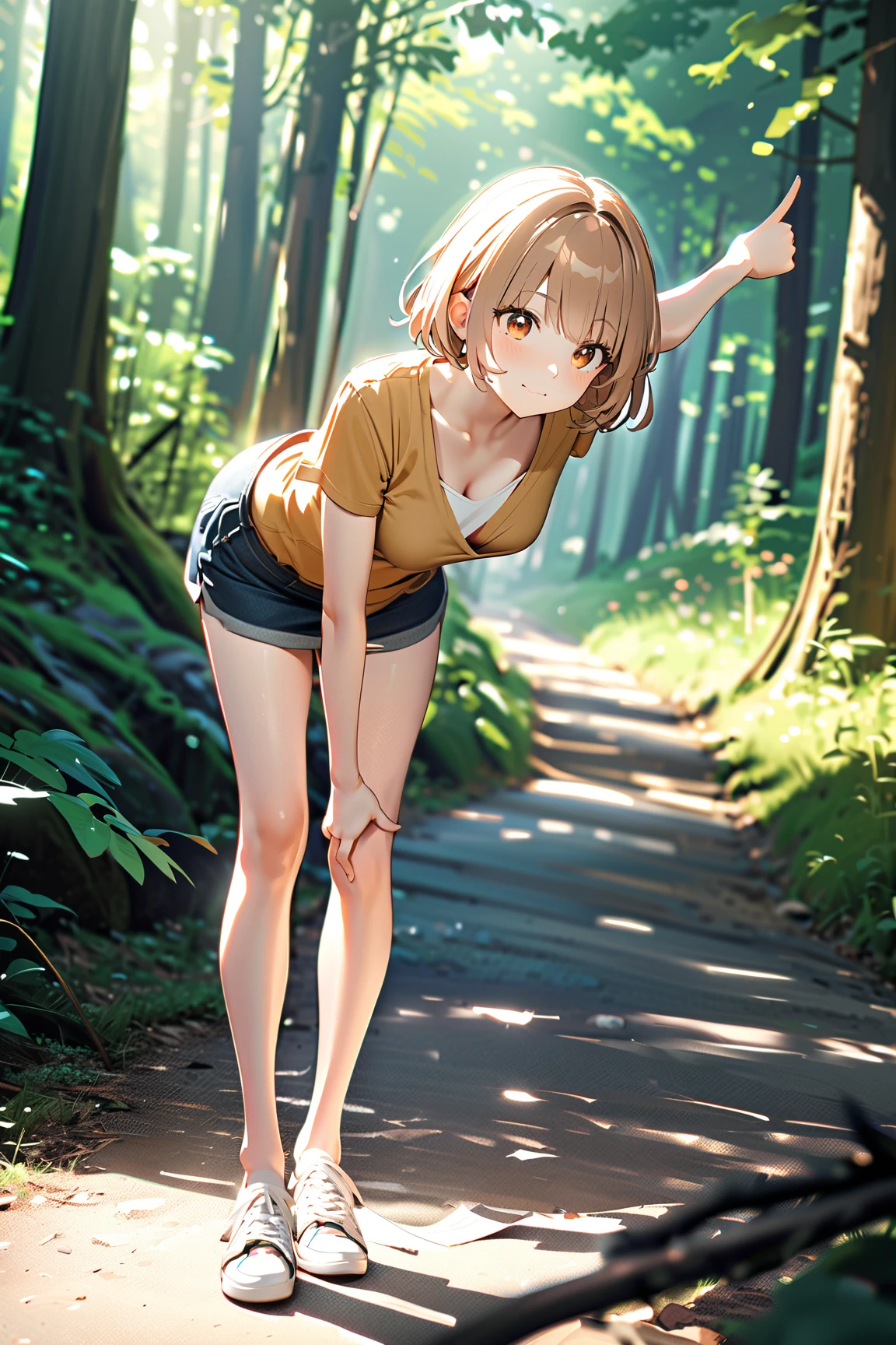 1 girl, (cute face), , short hair, (confused expression), (scratching head), medium breasts, slim, (wearing a casual adventurer outfit), knee length, (lightly tanned skin),  
BREAK  
Forest path, detailed map, friends looking perplexed, (holding the map upside down:1.2), (pointing in the wrong direction:1.2), outdoors  
BREAK  
(bright daylight, natural scenery, humorous details), comedic atmosphere, dynamic composition, character focus,  
BREAK  
high fantasy, game cg, absurdres, highres, ultra detailed, beautiful, (masterpiece), (best quality:1.2),
