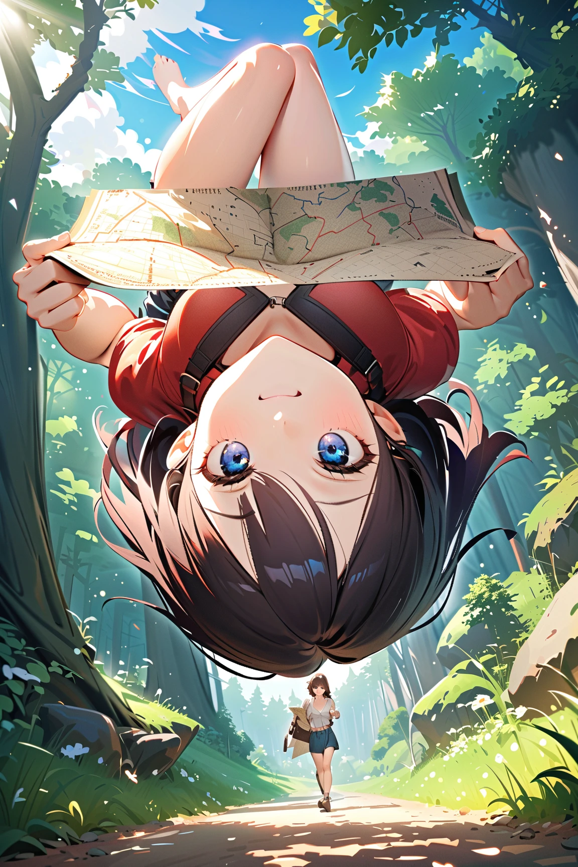 1 girl, (cute face), , short hair, (confused expression), (scratching head), medium breasts, slim, (wearing a casual adventurer outfit), knee length, (lightly tanned skin),  
BREAK  
Forest path, detailed map, friends looking perplexed, (holding the map upside down:1.2), (pointing in the wrong direction:1.2), outdoors  
BREAK  
(bright daylight, natural scenery, humorous details), comedic atmosphere, dynamic composition, character focus,  
BREAK  
high fantasy, game cg, absurdres, highres, ultra detailed, beautiful, (masterpiece), (best quality:1.2),
