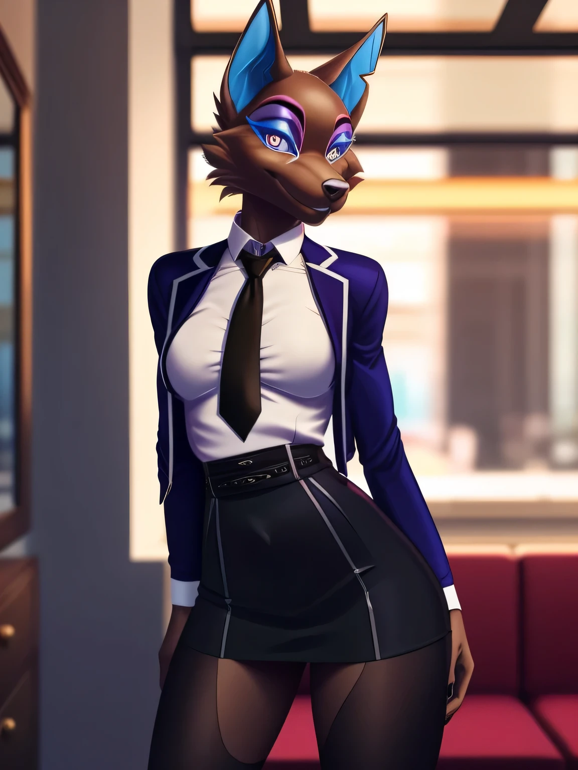 female, (Detailed face), (solo:1.1), highwire, furry female anthro, wolf girl, bikini, solo, (body fur:1.2), (Detailed face), (more details, detailed background:1.1), (tail:1.1), smile, holding a glass in hand, satin skirt suit, pinstripe suit and tie, (((three-piece suit))), ((suit jacket with waistcoat)), silk dress shirt, shirt and tie, striped necktie, (((blazer))), (((suit jacket))), (((open jacket))), ((waistcoat)), (((bodycon miniskirt))), tights, (((pocket square))), (((tie clip))), (((cufflinks))), (((tail))), makeup, eyeshadow, shiny eyeshadow, bedroom eyes