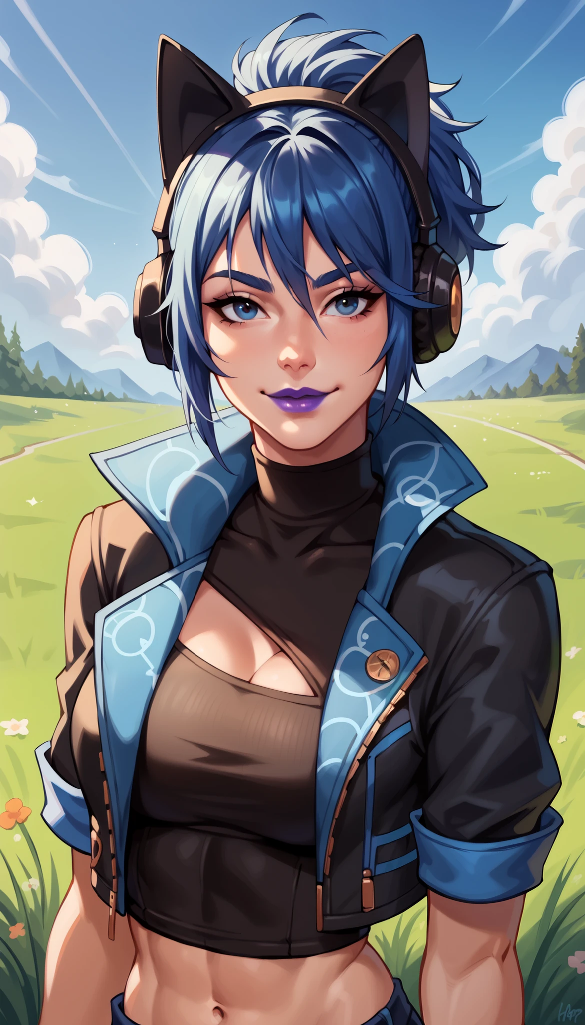 BREAK,  FNHeroHop, blue hair, cat ear headphones, blue eyes, purple lips, open collared jacket, clothing cutout,  short sleeves, black turtleneck, midriff, fingerless gloves, grass, seductive smile, looking at viewer,  breasts, 1 girl, solo,