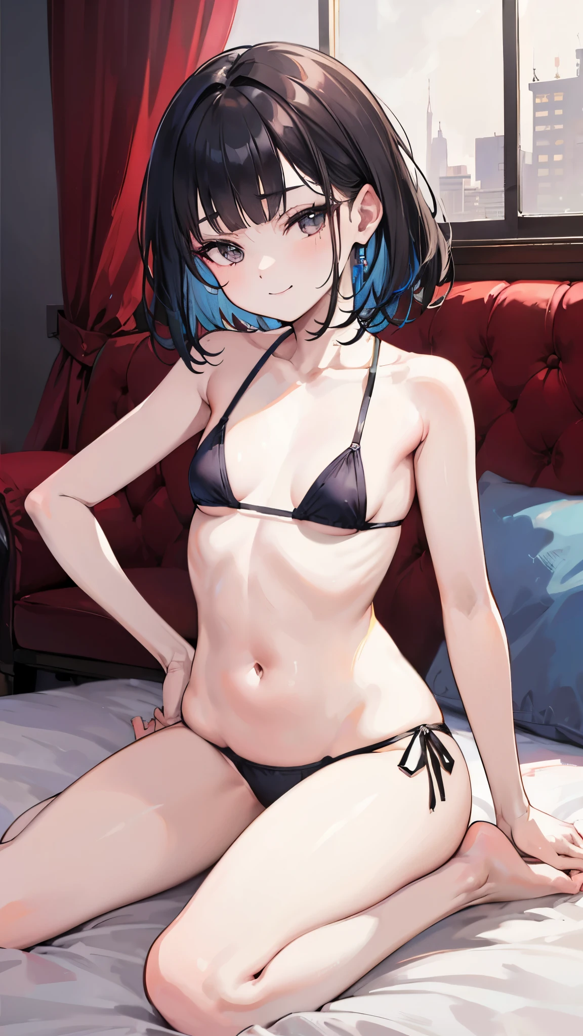 masterpiece、High resolution、Highest quality、Idol Master、Makoto Kikuchi 、Small breasts。Black short hair、short hair、Tiny bikini swimwear、Gravure model pose、Summer beach、Shy smile、Wet skin、