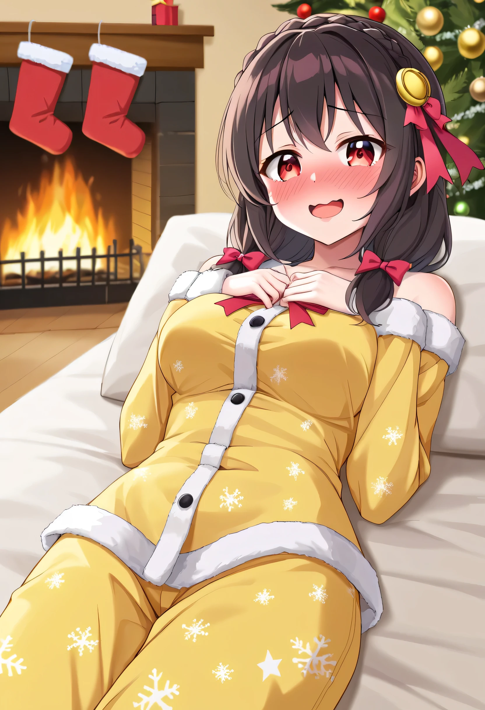 yunyun、masterpiece, top quality,  high definition ,(One person), Yunyun、  crown braid the same color as my hair,  black hair、 red eyes、 Hair Accessory , ( yellow pajamas with my shoulders out )、 big-breasted 、(blush)、( Christmas tree:1.2)、( embarrassed smile )、View the viewer、fireplace、( open my eyes wide)、Minami Mouth 、( open your mouth wide)、Lying on my back on the bed 、I have a big bow on my head 、I'm in the futon 