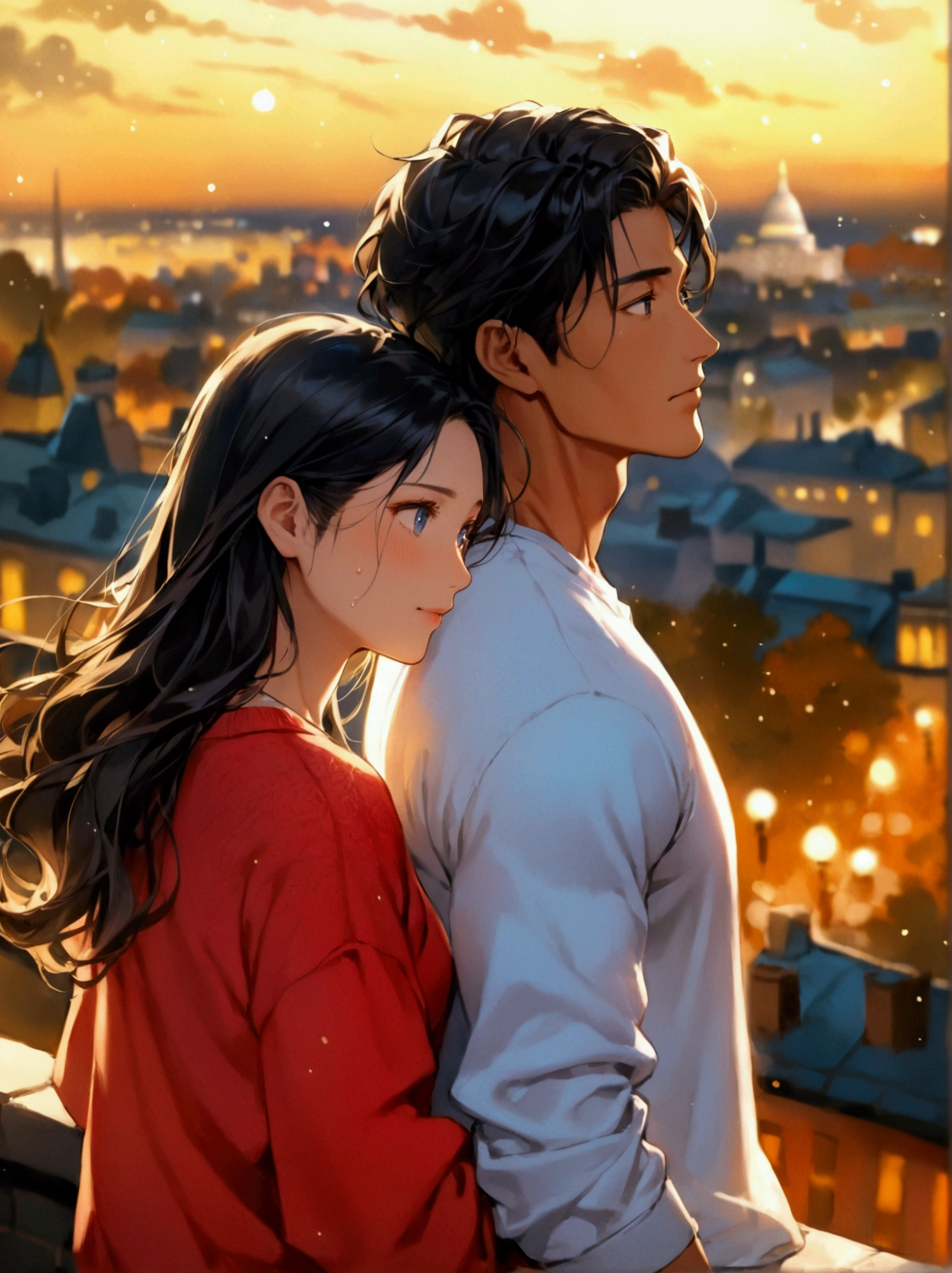 A full-body cinematic shot of an international couple standing on a rooftop and gazing the stars. The scene set against the breathtaking backdrop of Washington D.C. on a warm autumn night, with a sky ablaze with bright stars. The couple feature an Asian man and an European woman.  He has round face, brown skin, double-lid round black eyes, low cheekbones, and a straight nose, has short black hair styled in a classically slicked-back manner. He wears a white stylish sweat shirt, his expression tender and full of wonder as he gazes at the stars alongside his European girlfriend. She has pretty oval face, long blonde hair, almond-shaped eyes, low cheekbones, and a prominent nose,and  fair complexion with a cool undertone. She is dressed in a red sweat shirt paired with casual, dark-washed pants, she leans into him, her face aglow with happiness, relaxation and affection. The full-body shot captures their serene moment together under the vast, starry sky, as the warm, golden lighting of the rooftop ambiance enhances the romantic and dreamy atmosphere of their magical evening.((Asian man, 30-year old, muscular physique, round face)), (European woman, 25-year old, blonde hair, blue eyes, prominent nose, long hair)), soft tone, natural colors, very fine, (gazing the stars), ((full-body shot)), (wide view), (international couple)