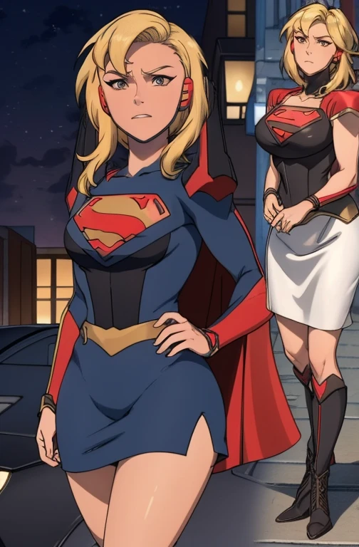 (     top quality ), (     top quality ), (Overall view), Backstreets,Supergirl with a sexy body,  Big Breasts, Beauty,      halter neck tops     ,        short skirt    , Cape,       boots, low top       