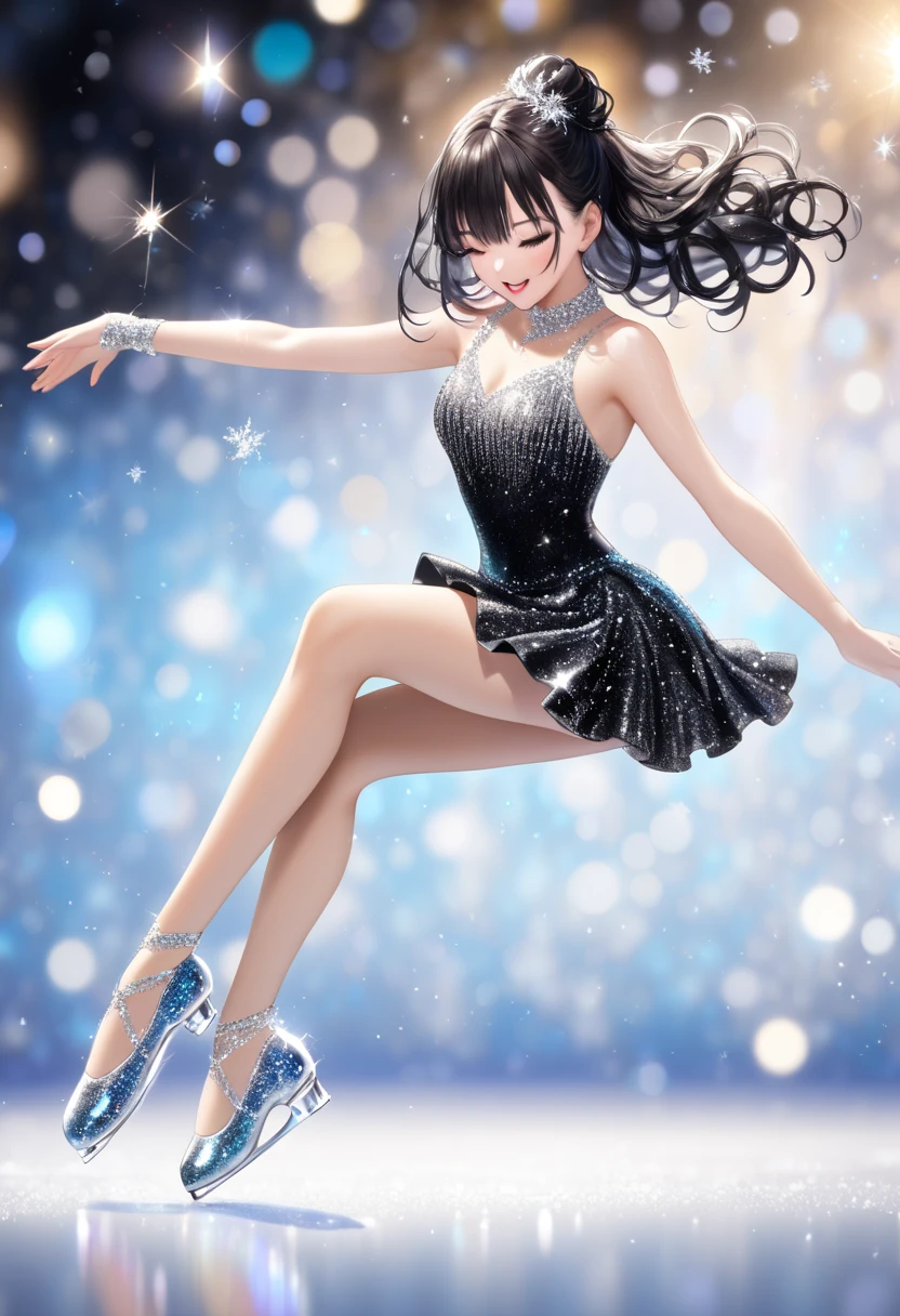 Black Hair Beauty"Haruna"DANCING ON ICE ･ice skating((Glitter Effect:1.2 ,  Blurred Background))