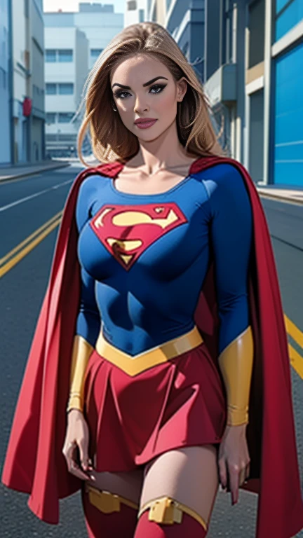 (     top quality ), (     top quality ), (Overall view), Backstreets,Supergirl with a sexy body,  Big Breasts, Beauty,      halter neck tops     ,        short skirt    , Cape,       boots, low top       