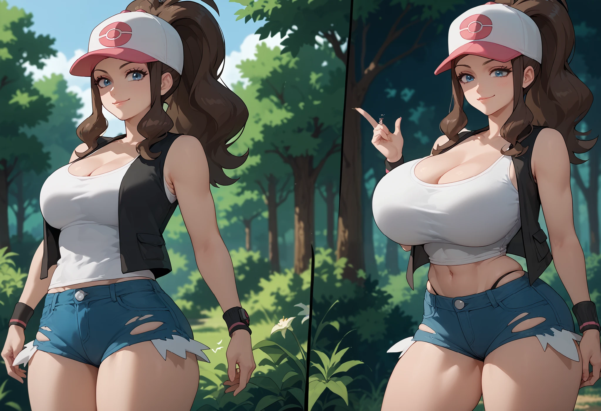 2 girls, mature woman, small waist, smug, pokemonhilda, blue eyes, brown hair, long hair, ponytail, baseball cap, blue shorts, denim, hat, micro shorts, vest, wristband, sleeveless, black vest, white croptop, micro shirt, outdoors, forest, standing, midriff, lowleg shorts, groin, panties, cleavage, skindentation, breast expansion, multiple views, huge breasts, suprised, torn top, expanding thighs, holding own breasts