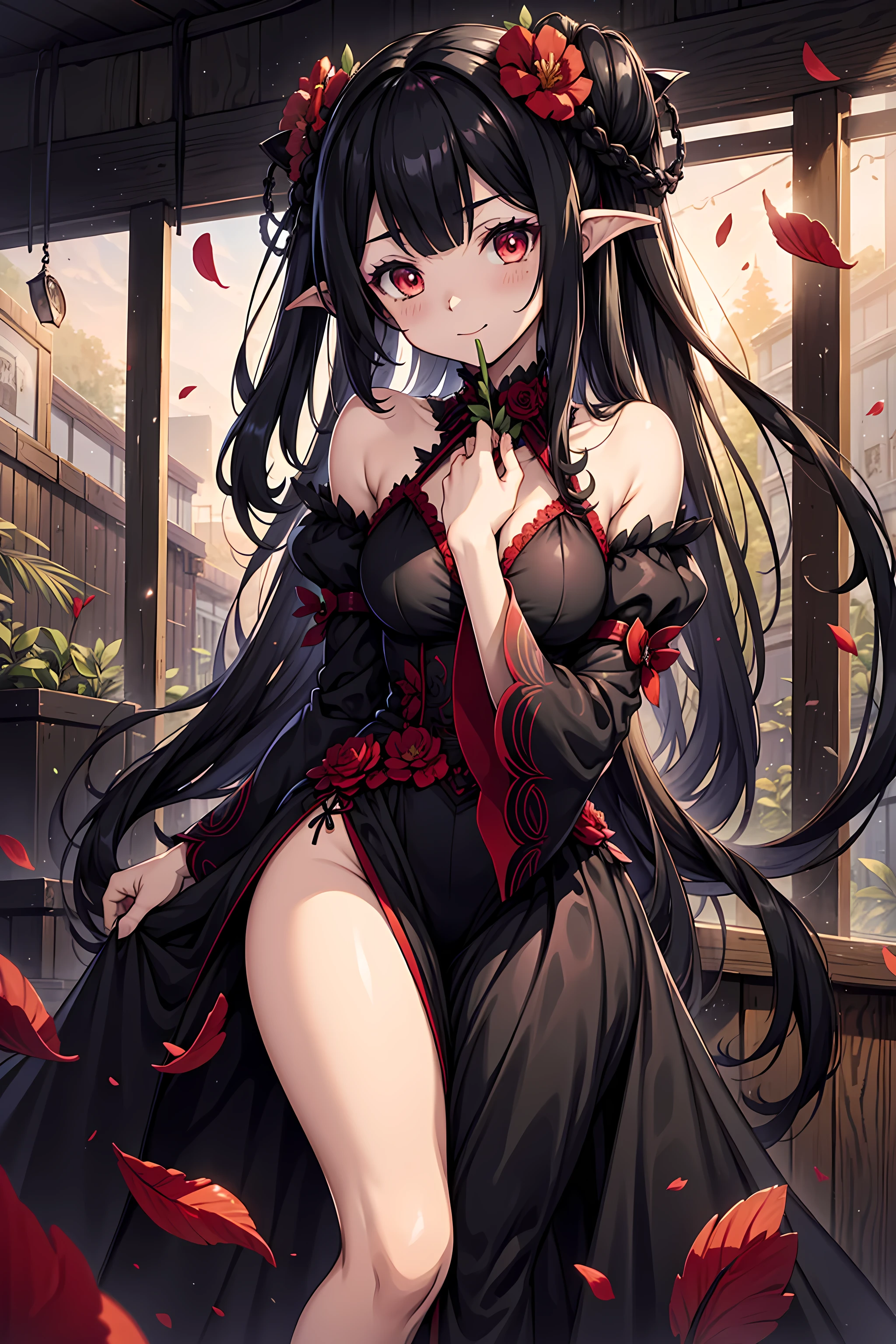 HDR , masterpiece , high quality , ultra details , Best Quality ,from below , cute girl , long hair, black hair, (red eyes), makeup, lipstick , red short dress ,standing , garden , smile and blush , nice tits , soft light , sunset and raining , soft light