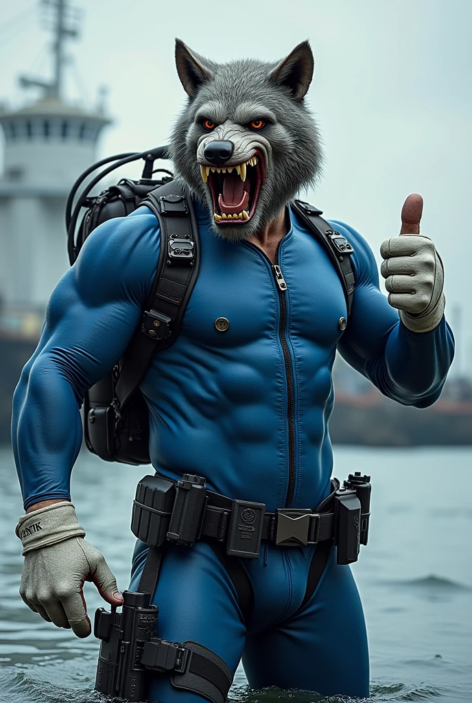 (A rugged beefy extremely muscular bulky old man), (wearing blue fullbody zipper wetsuit), (wearing realistic roaring wolf mask), thumbs up pose,  wearing bulky scuba gear, muscular physique, toned muscles, fierce, heroic, action, comic artstyle, bulky best quality, wearing white rubber gloves. wearing gun holster on left thighs, dynamic action pose, fierce expression, showcasing an imposing stature, powerful, best quality image, action-packed atmosphere, masterpiece.