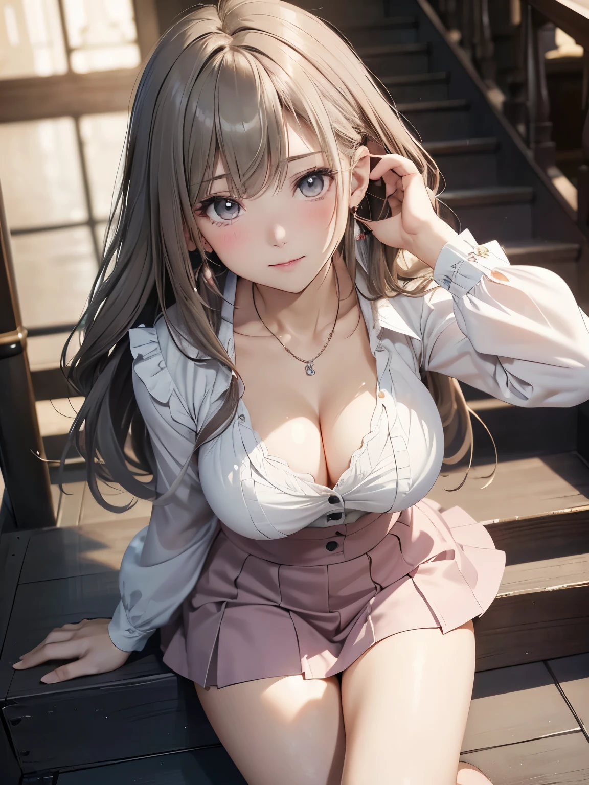 ((girl with)), ((Best Quality)), (Ultra-detailed), (extremely detailed CG unified 8k wallpaper), Realistic、Highly detailed, High-definition raw color photos, Professional Photography, ((Beautiful big breasts)), ((bared  chest)), breasts details, , (cleavage of the breast:1.2),(Pink floral hair ornament), open chest wide、teats、Peanut butter brown hair, Amazing face and eyes, School, crass room, Cameltoe,No bra wearing、overknee socks、pleatedskirt、Absolute area、Sheer micro bikini、