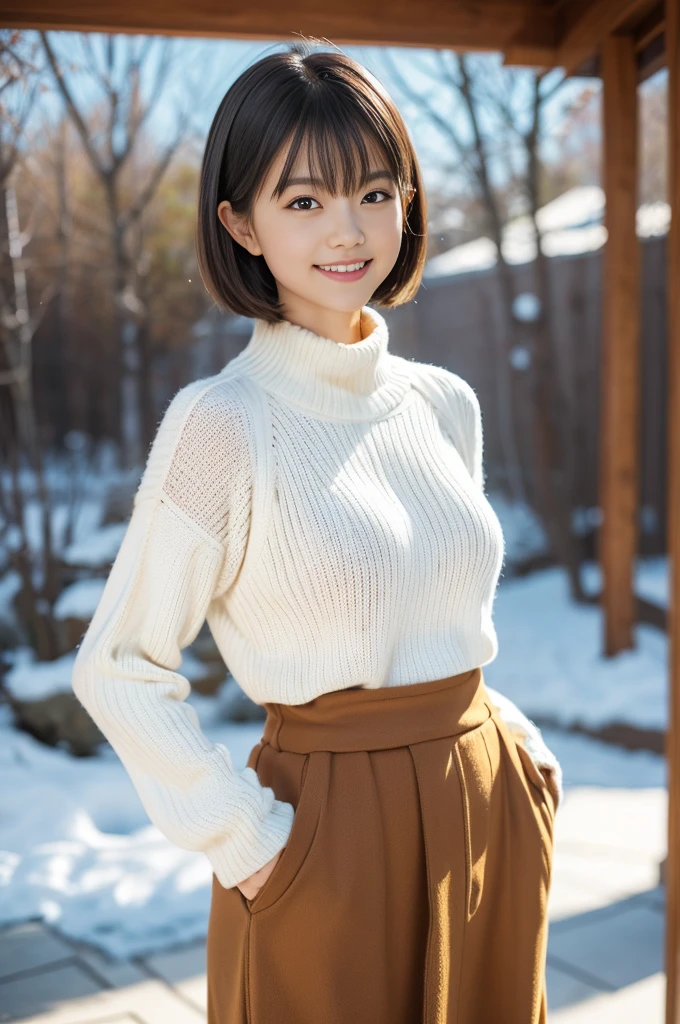 (8k, RAW photo, photorealistic, HQ, masterpiece), (whole body, full body), a cute Japanese girl,(glowing eyes), 
(shy smile), Rimless Glasses, brown hair, fluffy Pixie Bob hair, large breasts, curvy, (A big baggy wool sweater layered over a simply long skirt), 
standing pose, Seductive pose, (Early winter nature park), 
blurred background, depth of field, natural lighting, backlighting, face lightning, 