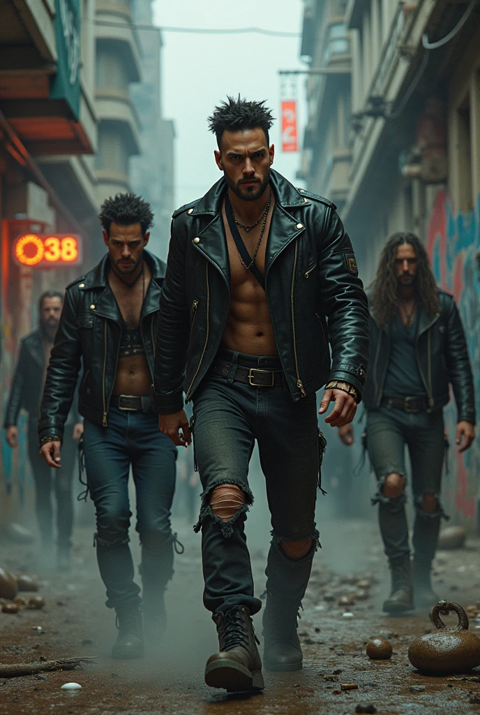 Karan singh grover with long hair, bulky, muscular , ripped, wearing black leather mask, black leather jacket, black leather pants, with huge dick bulge