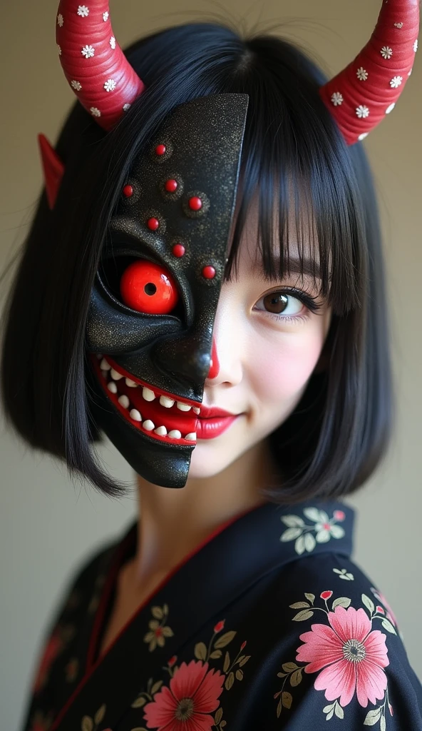  wearing a demon mask with only half of the right side 、 Japanese、woman、18 years old、 bob cut、 half of the real face is showing 、The real face is smiling 、 wearing a short kimono with a black base and floral pattern、