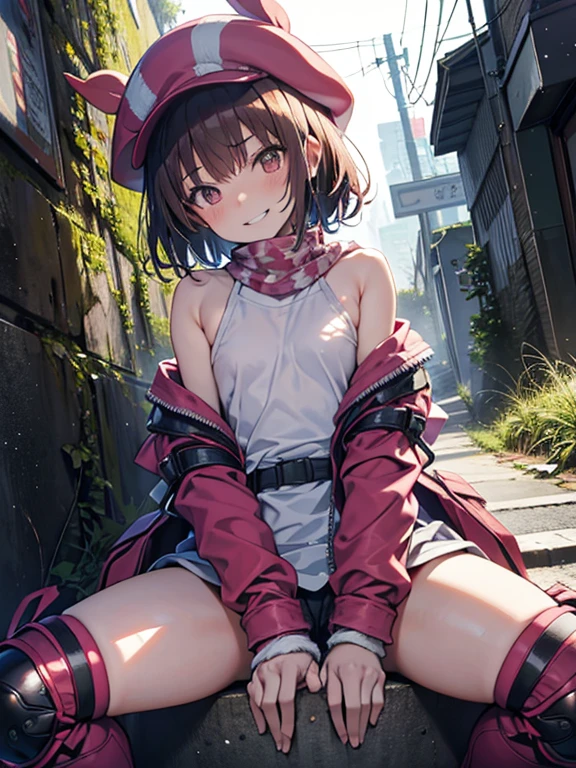 (shirt lift:1.5), (head tilt), (extreme close-up of thigh), (The view is from very close below:1.5), Pushing hips forward, (sitting), (open legs wide, spread legs:1.5), 
Llenn,anime style,(( top quality)), ((masterpiece)),( Details), high definition ,Sharp focus, perfect face, beautiful eyes,{best illustration},(非常に Details CG unity 8k wallpaper),
((( vibrant colors))),(((shiny 肌,very shiny 肌, shiny body ))),(plastic glitter 肌),(exaggerated shiny 肌, illuminated ),
( perfect finger),(Five fingers),(complete anatomy),1 girl, , slim, small, (flat chest), Short Hair, light brown hair , female 

undressing, half undress, Pink jacket, (pants) ,fur trim, gloves, (straps), Pink animal hat, knee pads, military boots,
 seductive grin smug, embarrassed, blush, drunken eyes,　clenched teeth,　
An abandoned city without people , (Outdoor), Formerly Paved Roads ,Covered in moss, tree roots entwined with the remnants of the human world stretching into the sky,Vines crawl on the side of a crumbling wall , Rusted Streetlights ,