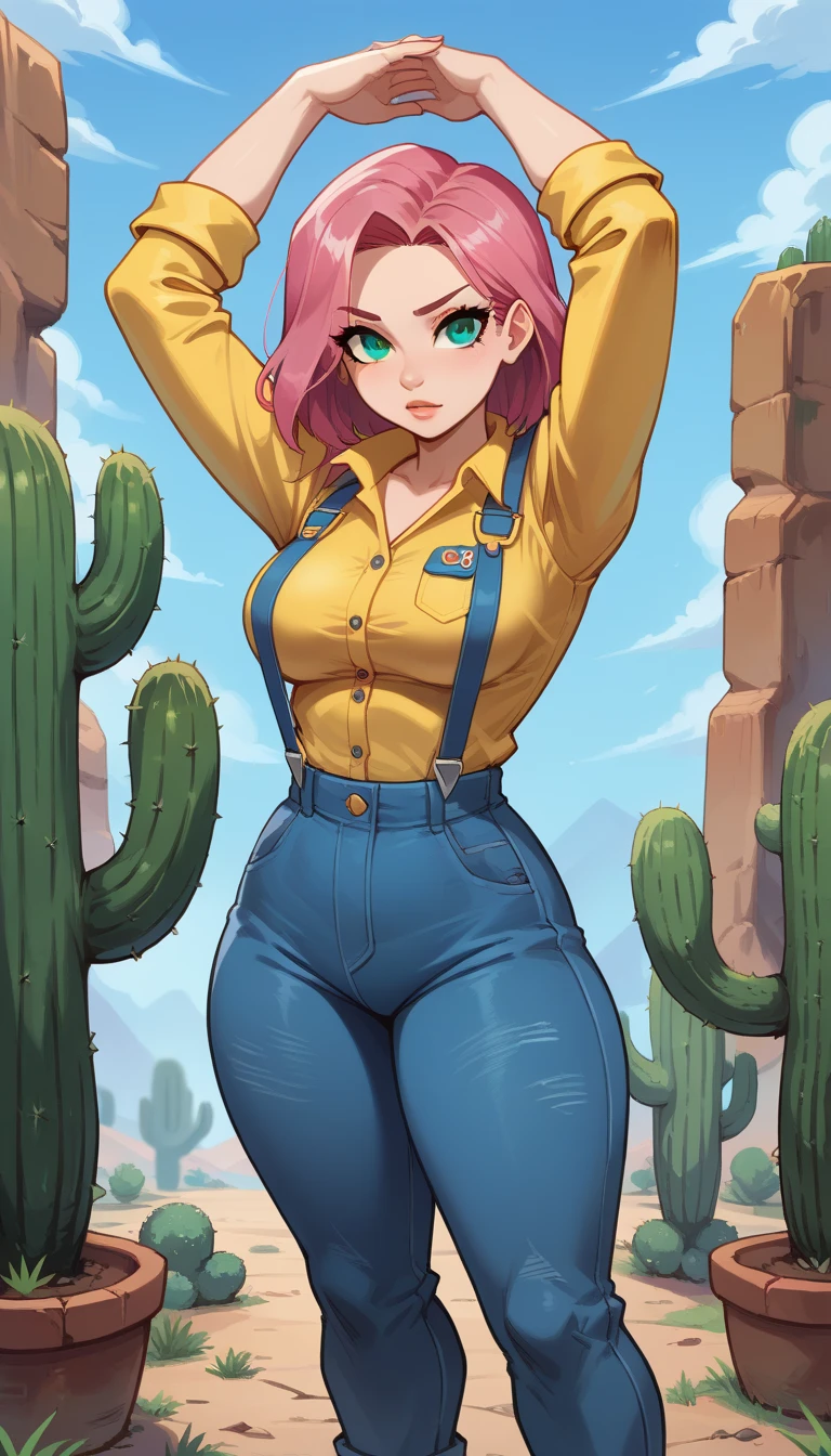   masterpiece ,  best quality , alta reução, 1 girl, , Alone,  gray eyes,  long pink hair, short denim jumpsuit ,  suspenders, pose sexy,  hands above the head ,, standing, thick thighs , sexy,  on a cactus plantation,, vivid colors, perfect anatomy,