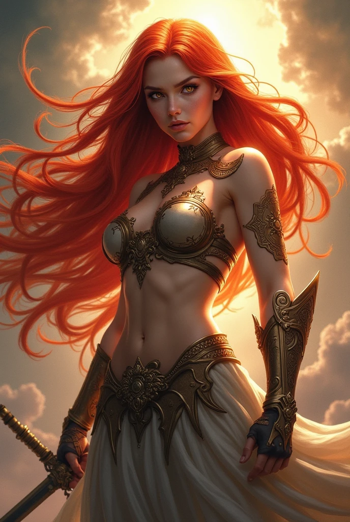 ((masterpiece)), 1girl, young , small breasts, medieval, fantasy, wiking, nordic, war paint wallpaper, official art, Brighid, Spearmaiden: Brighid is a fierce spearmaiden from the northernmost reaches of the Celtic lands. Her long, fiery red hair is braided intricately and adorned with bits of bone and metal, streaming down her back as she charges into battle. She wears a suit of overlapping leather scales, dyed a deep crimson that matches the blood she spills in battle. Her two-handed spear is taller than she is, and she wields it with practiced ease, spinning and thrusting with deadly accuracy. with dl_ezgi face , ((cat eyes)), ((vertical pupil)) BREAK, realistic, best quality, ultrasharp, ultradetailed, intricated details, , , vivid colors , full body shoot, strong shafows, deep of field , bokeh