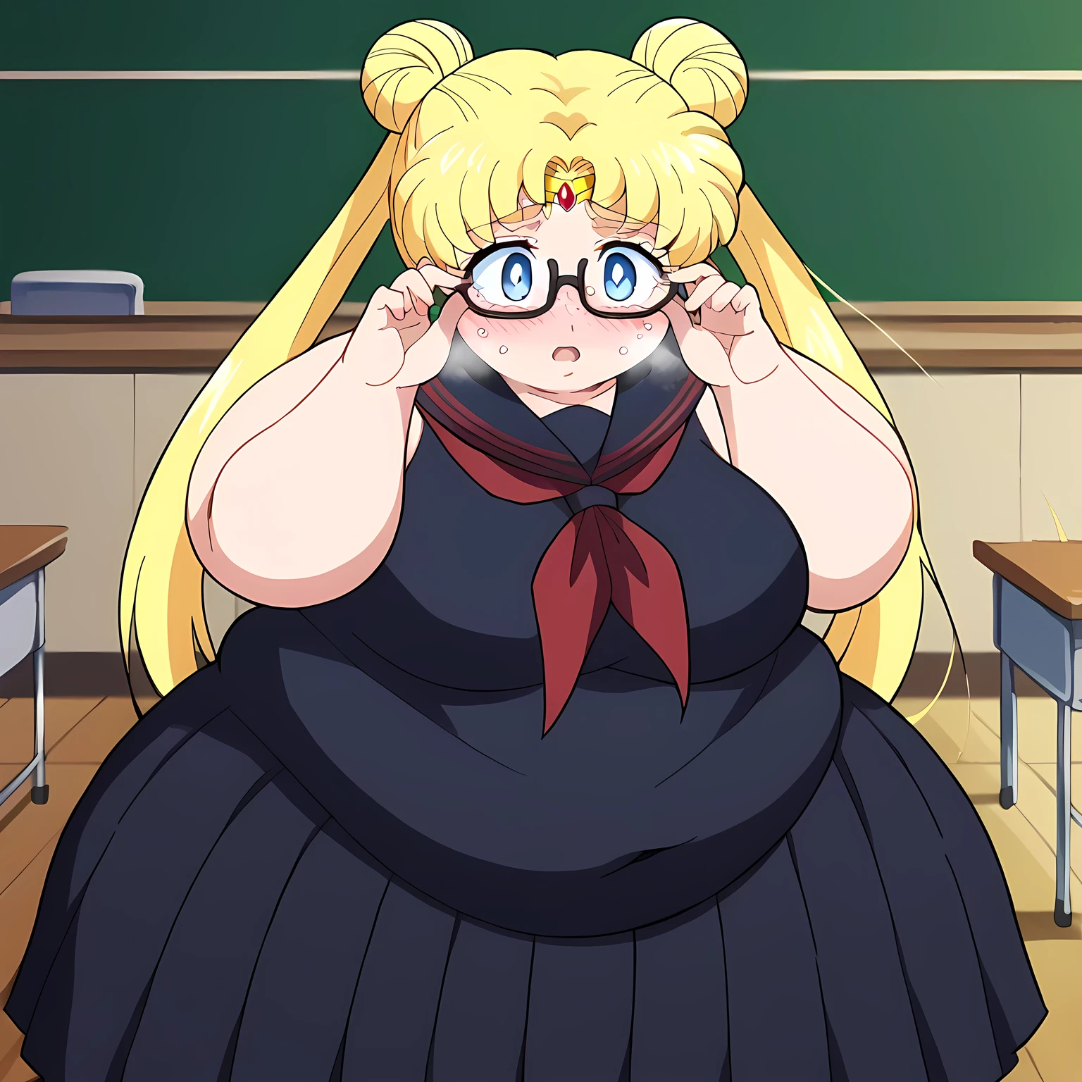 score_9, score_8_up, score_7_up, source_anime, usagi tsukino, blonde hair, blue eyes, double bun, hair bun, hair ornament, long hair, twintails, circlet, parted bangs,, jimiko, glasses, black-framed eyewear, messy, unkempt, thick eyebrows, twintails, braids, freckles, baggy eyes,, blush, open mouth, embarrassed, classroom, adjusting eyewear, serafuku, black serafuku, red neckerchief, skirt, black skirt, pleated skirt, cowboy shot, averting eyes, fat, chubby, obese, gigantic arms and legs, large breasts open mouth, out of breath