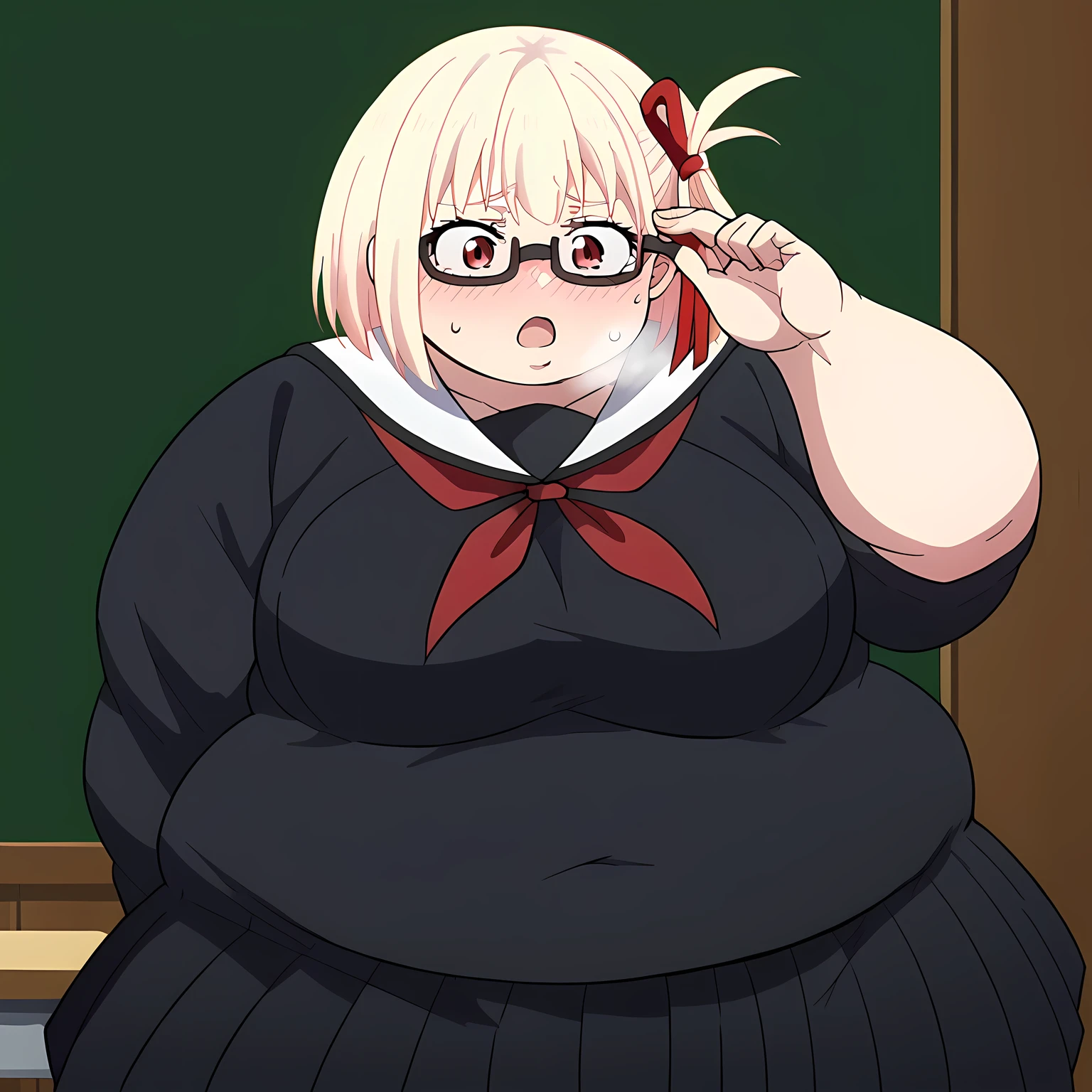 score_9, score_8_up, score_7_up, source_anime, chisatonishikigi, chisato nishikigi, short hair, bangs, blonde hair, red eyes, hair ribbon, one side up, bob cut, large breasts,, jimiko, glasses, black-framed eyewear, messy, unkempt, thick eyebrows, twintails, braids, freckles, baggy eyes,, blush, open mouth, embarrassed, classroom, adjusting eyewear, serafuku, black serafuku, red neckerchief, skirt, black skirt, pleated skirt, cowboy shot, averting eyes, fat, chubby, obese, gigantic arms and legs, large breasts open mouth, out of breath